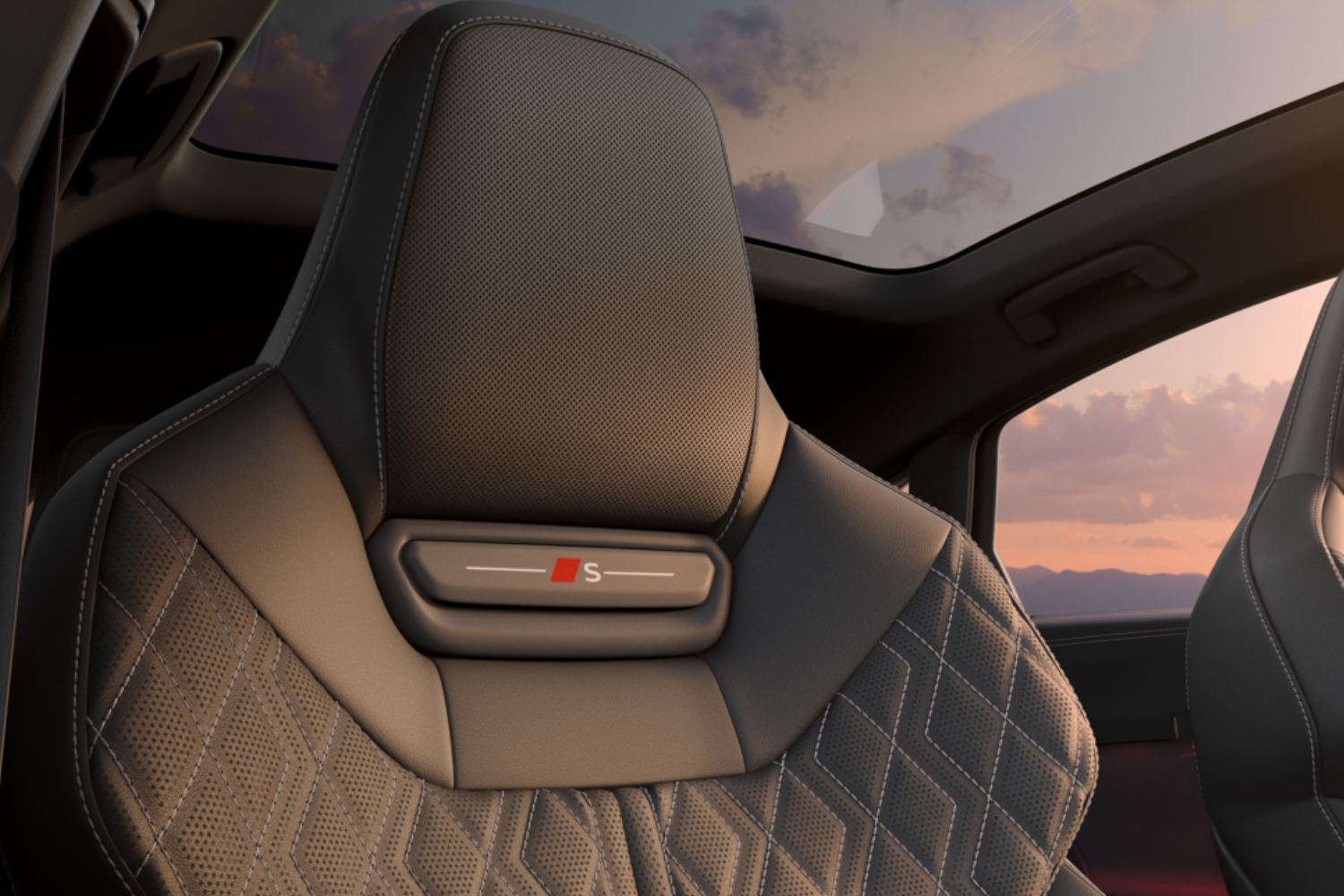 Close-up of the new Audi S5 Avant front passenger seats with S trim, available at Belfast and Portadown Audi.