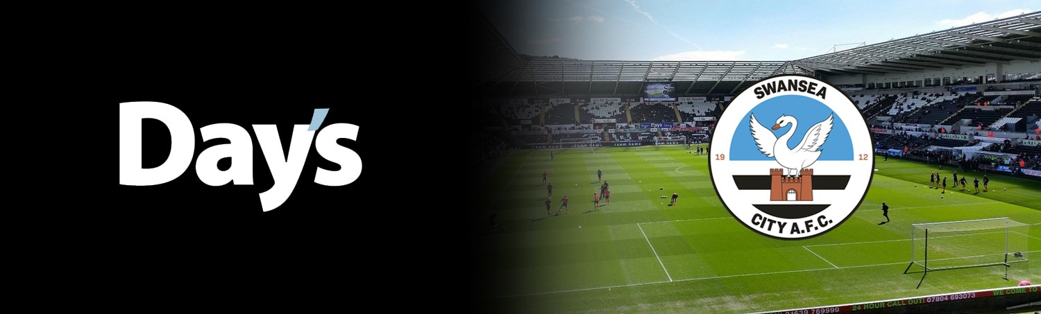 Days logo next to Swansea FC logo with picture of football pitch behind