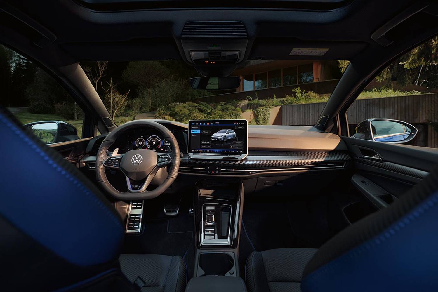 Interior view of the new Volkswagen Golf, close-up of front passenger seats, steering wheel and central console