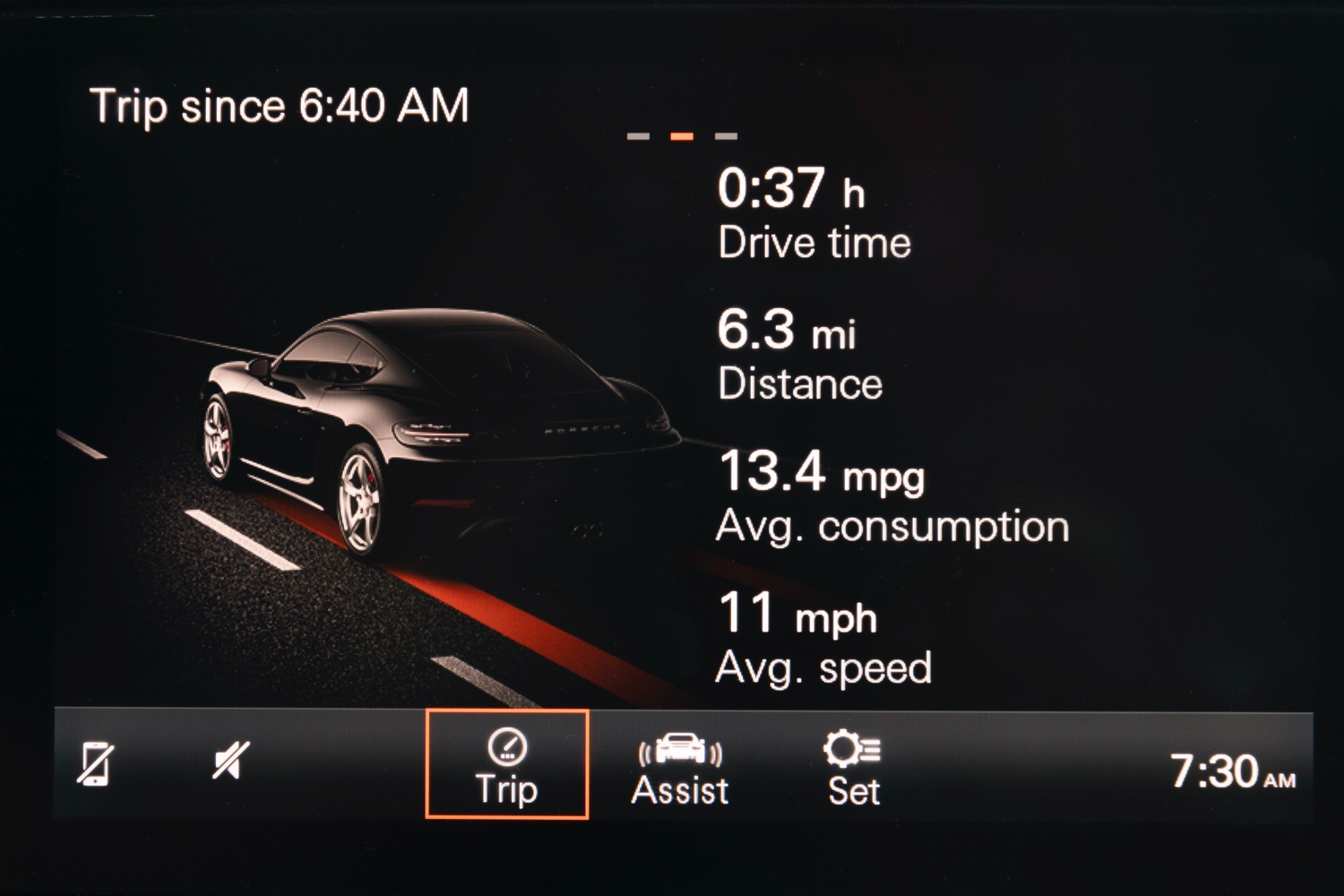 Porsche Communication Management screen example, in this example it highlights the drive time, distance, average fuel consumption and average speed of the drivers trip.