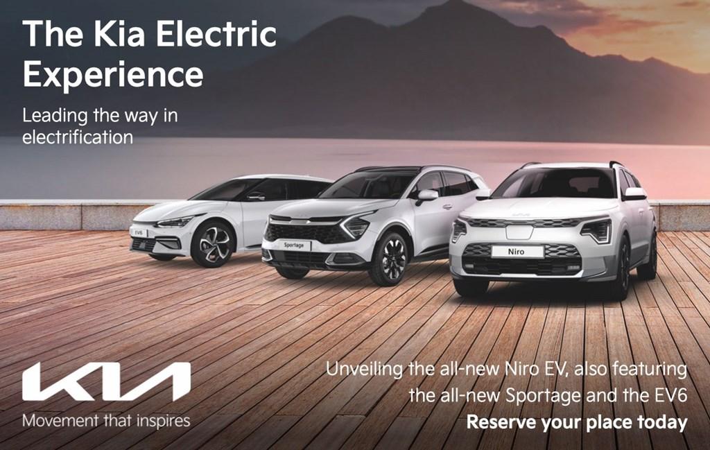 All new Kia Niro, All-New Kia Sportage and Kia EV6 electric vehicles with a headline reading 'Kia Electric Experience, book your space now'