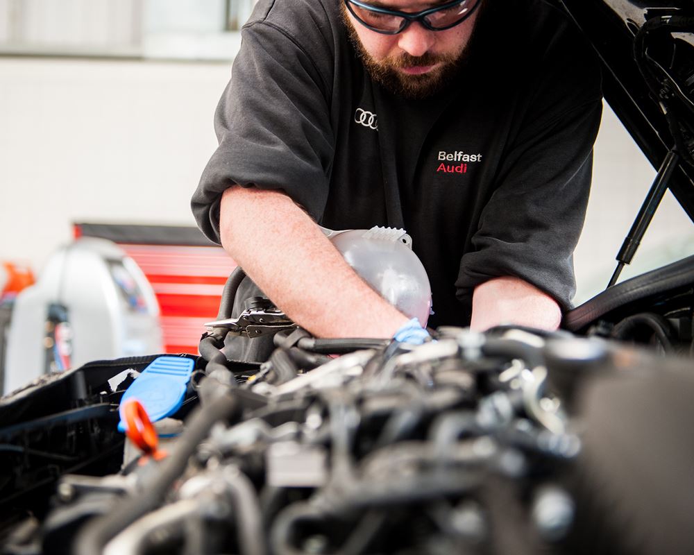 Belfast Audi Technician inspects car battery