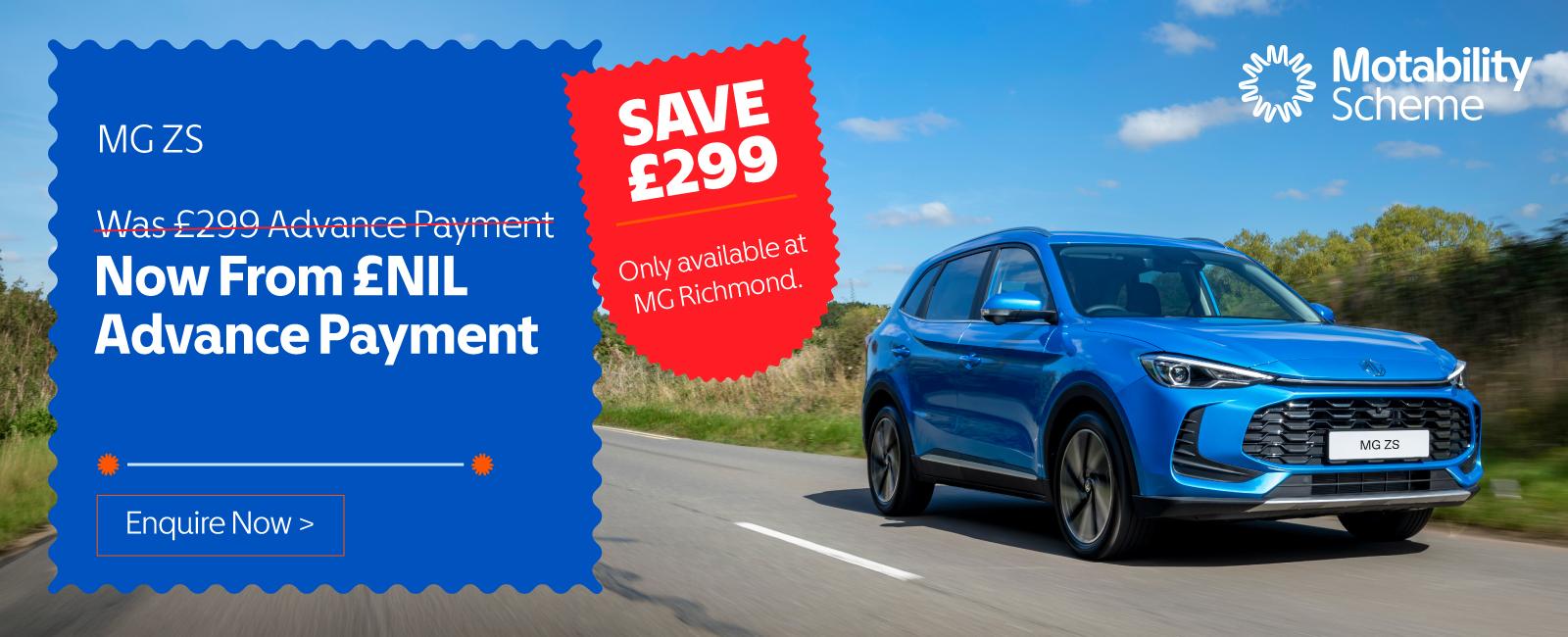 MG ZS From £NIL Advance Payment, Exclusively at Richmond MG