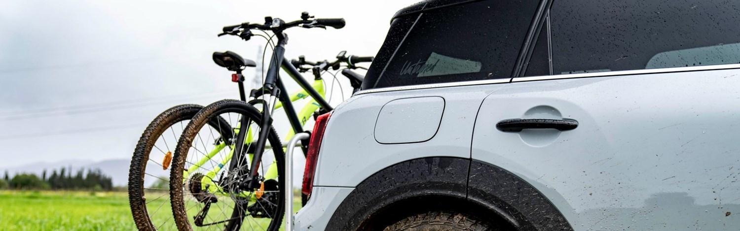 Close-up of the rear bicycle rack installed on the back of a MINI Countryman