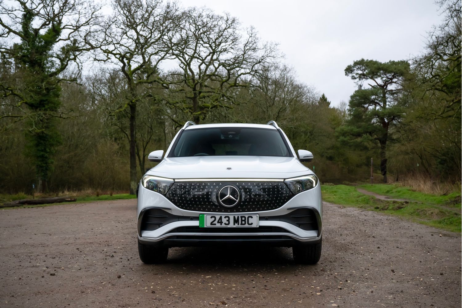 A white Mercedes-Benz EBQ with silver star pattern radiator grille.