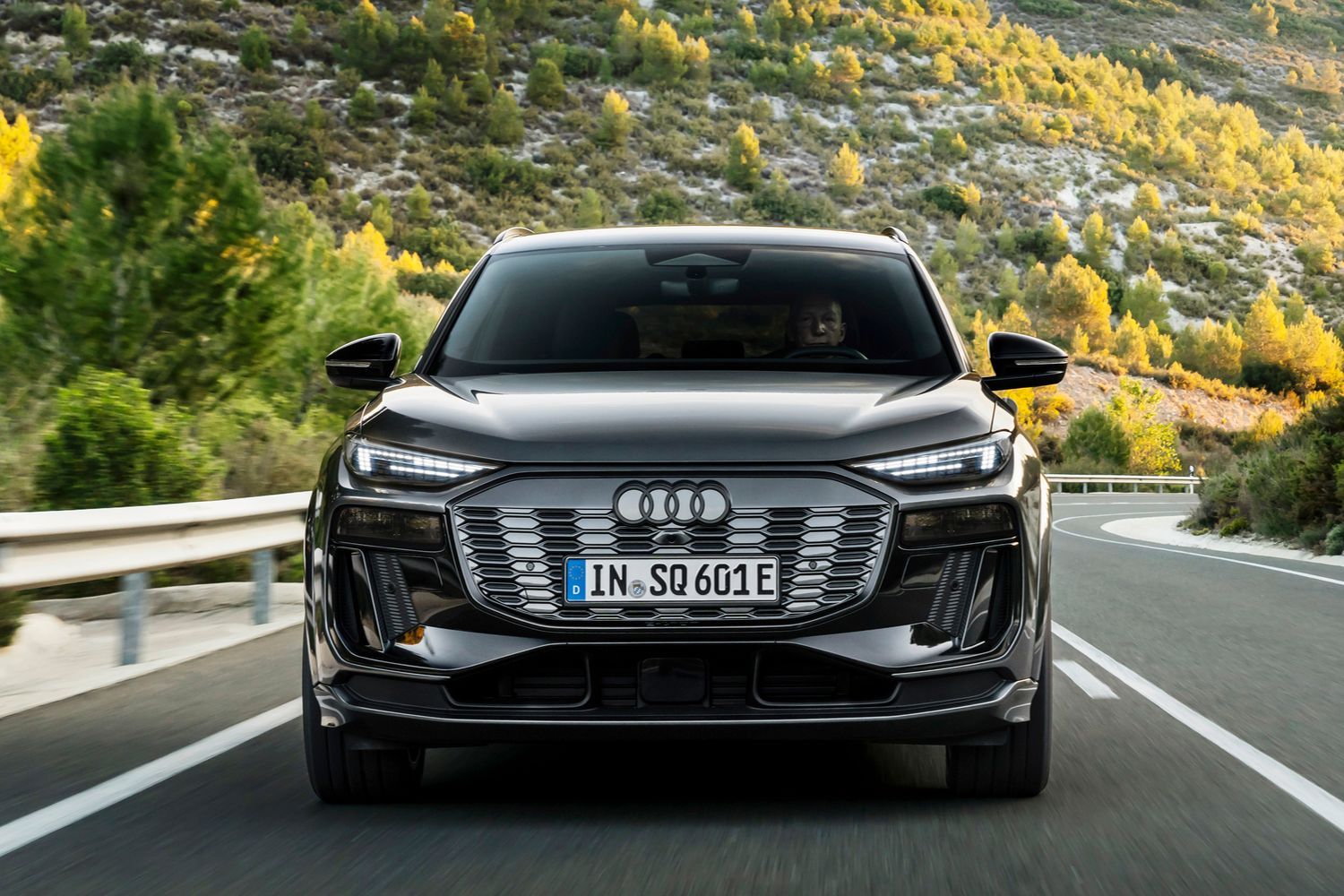 Front view of the new Audi SQ6 E-Tron in Daytona Grey perl effect.