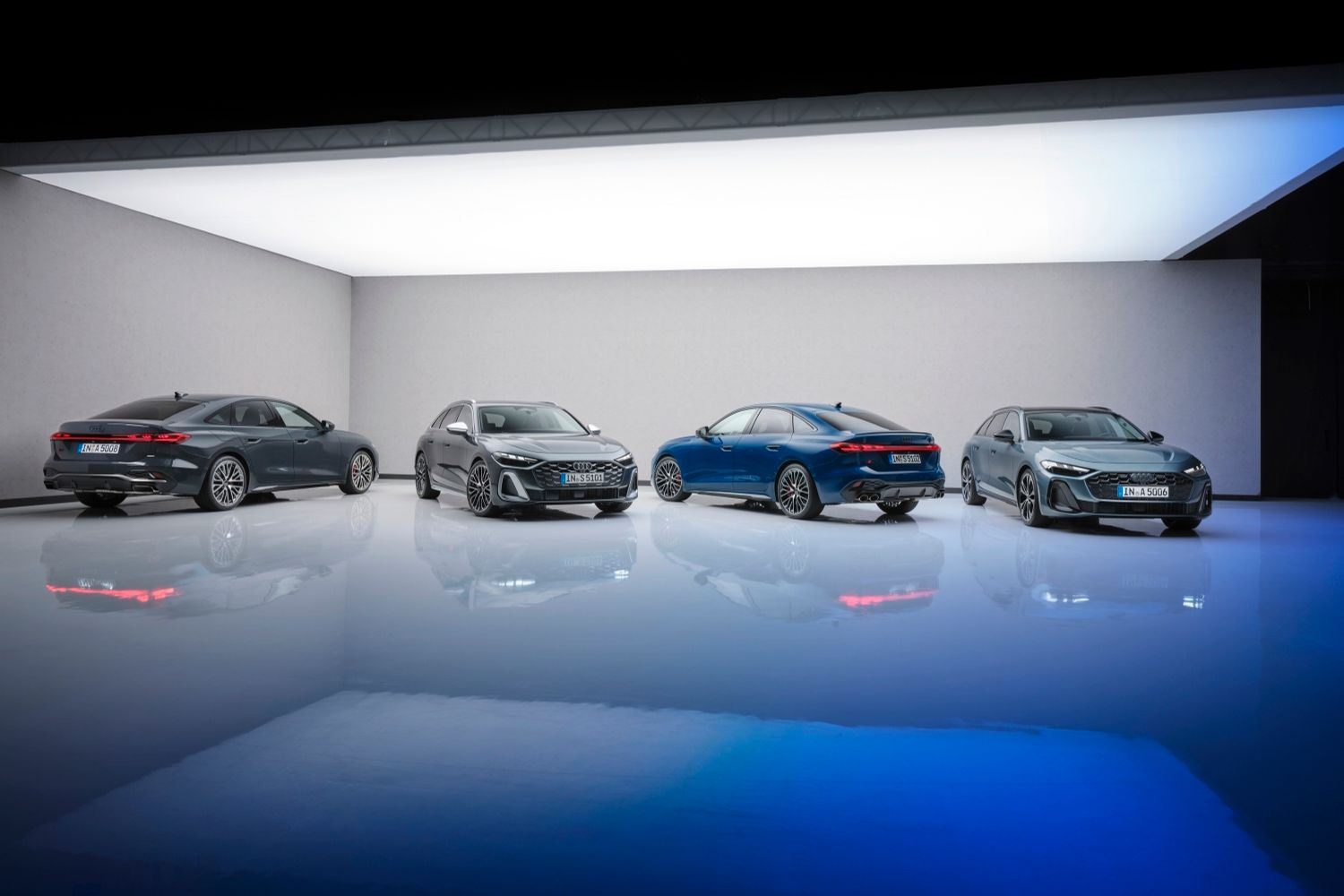 A lineup of the latest A5 range (2024). In order from left to right; A5 Saloon, A5 Sportback, S3 Saloon and S3 Sportback.