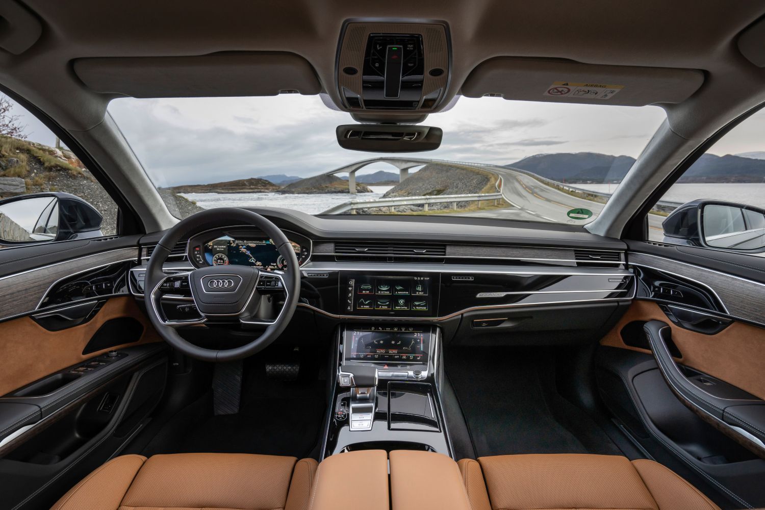 New Audi A8 L interior front view of steering wheel and infotainment system