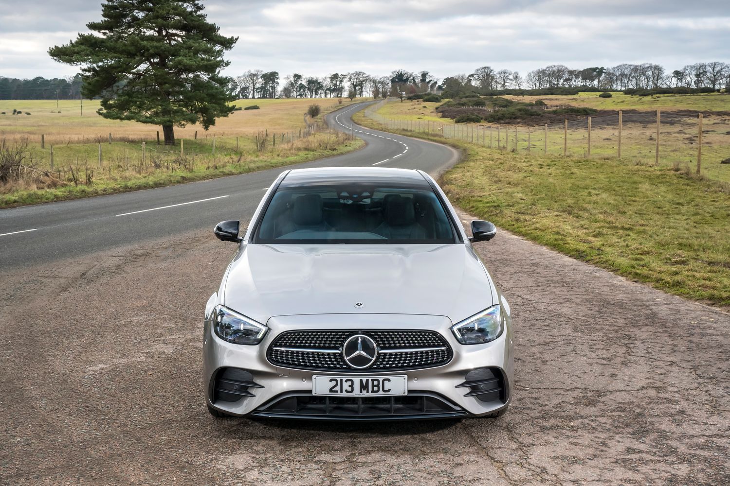 Front view of a silver Mercedes-Benz E-Class Saloon.