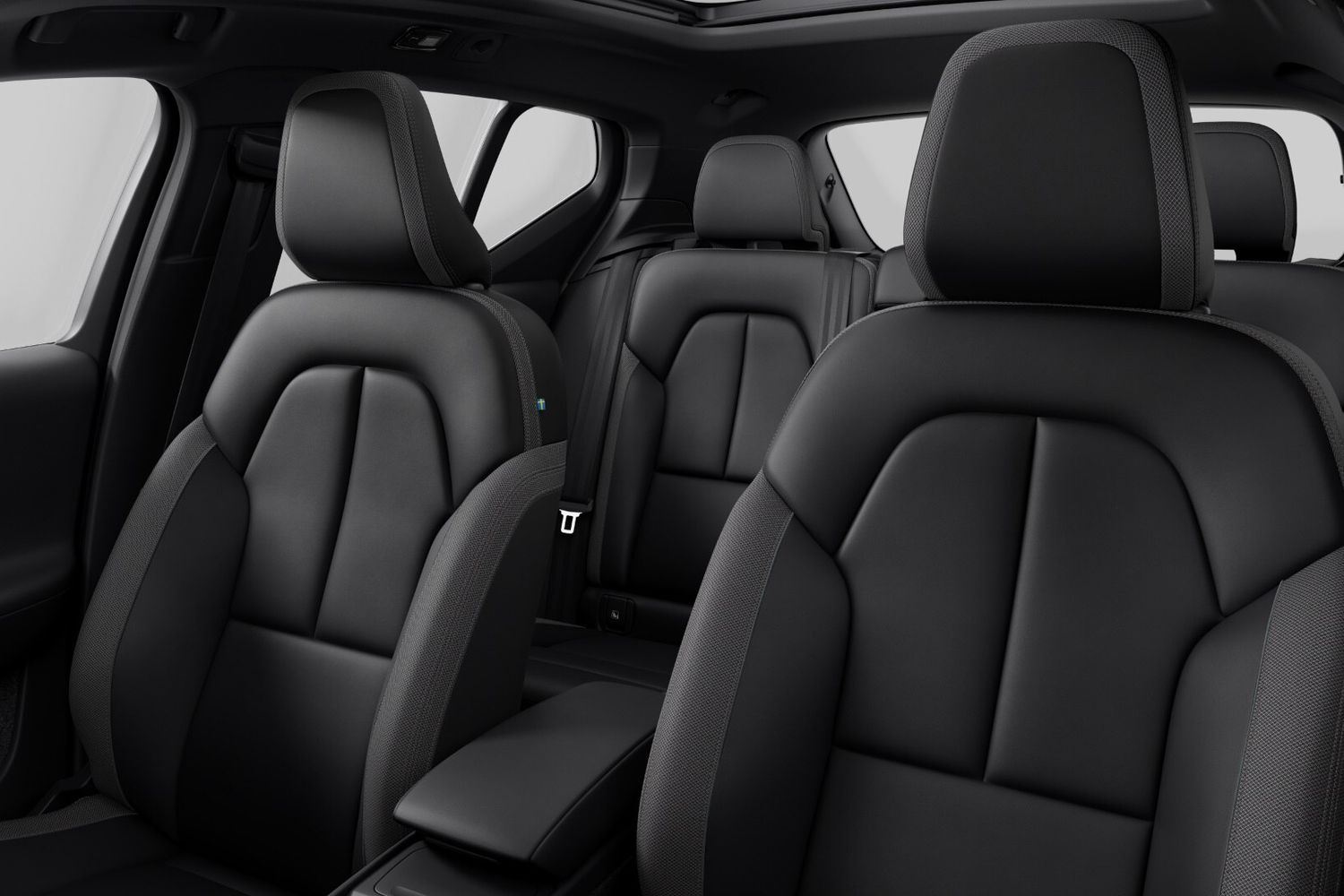 Interior close-up view of the leather seats inside the Volvo EX40