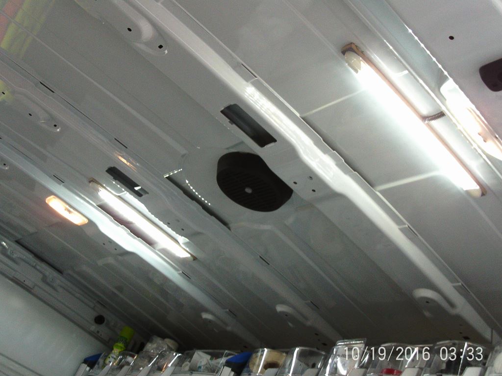 Van interior ceiling with multiple fitted lights above storage shelving.