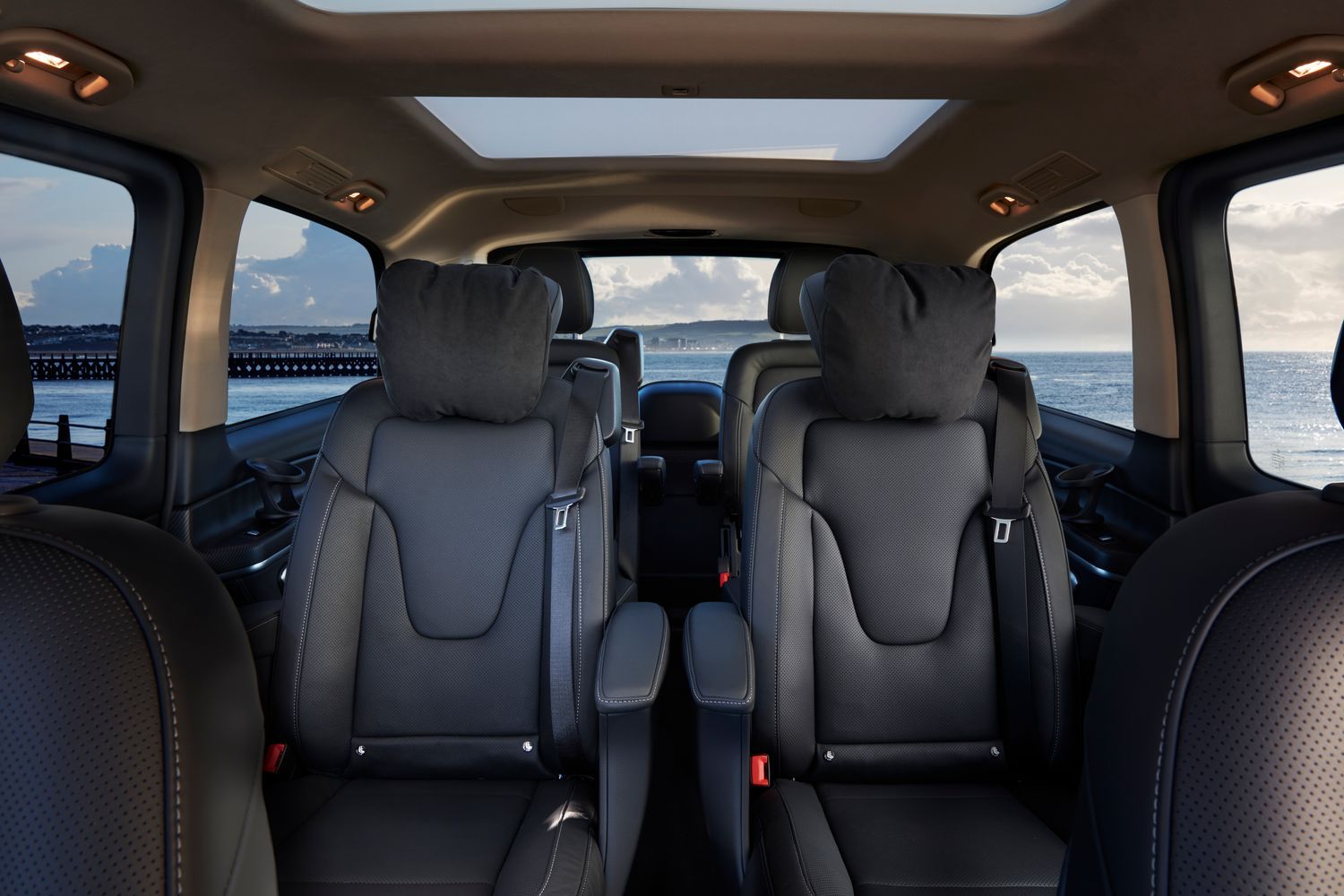 The rear black interior seats of a Mercedes-Benz V-Class.