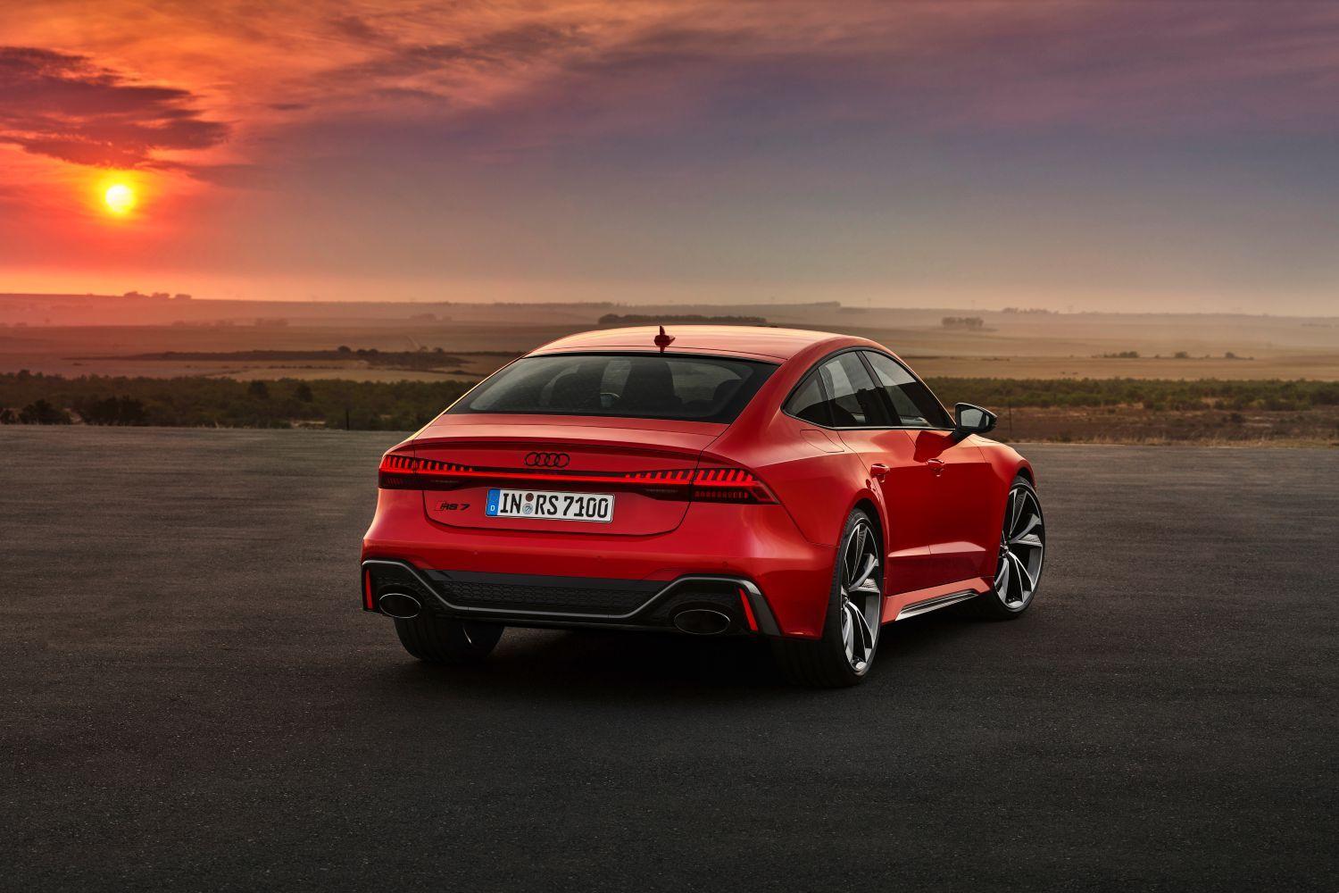 New Audi RS7 Sportback in red, image of vehicle from behind parked