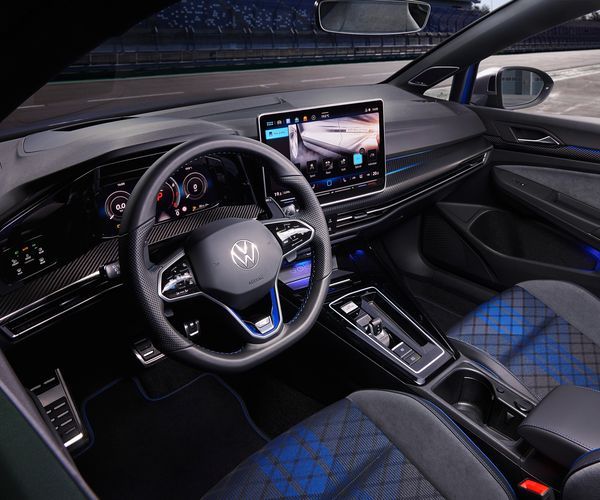 The new Golf R  black nappa leather interior with blue accents and driver display.