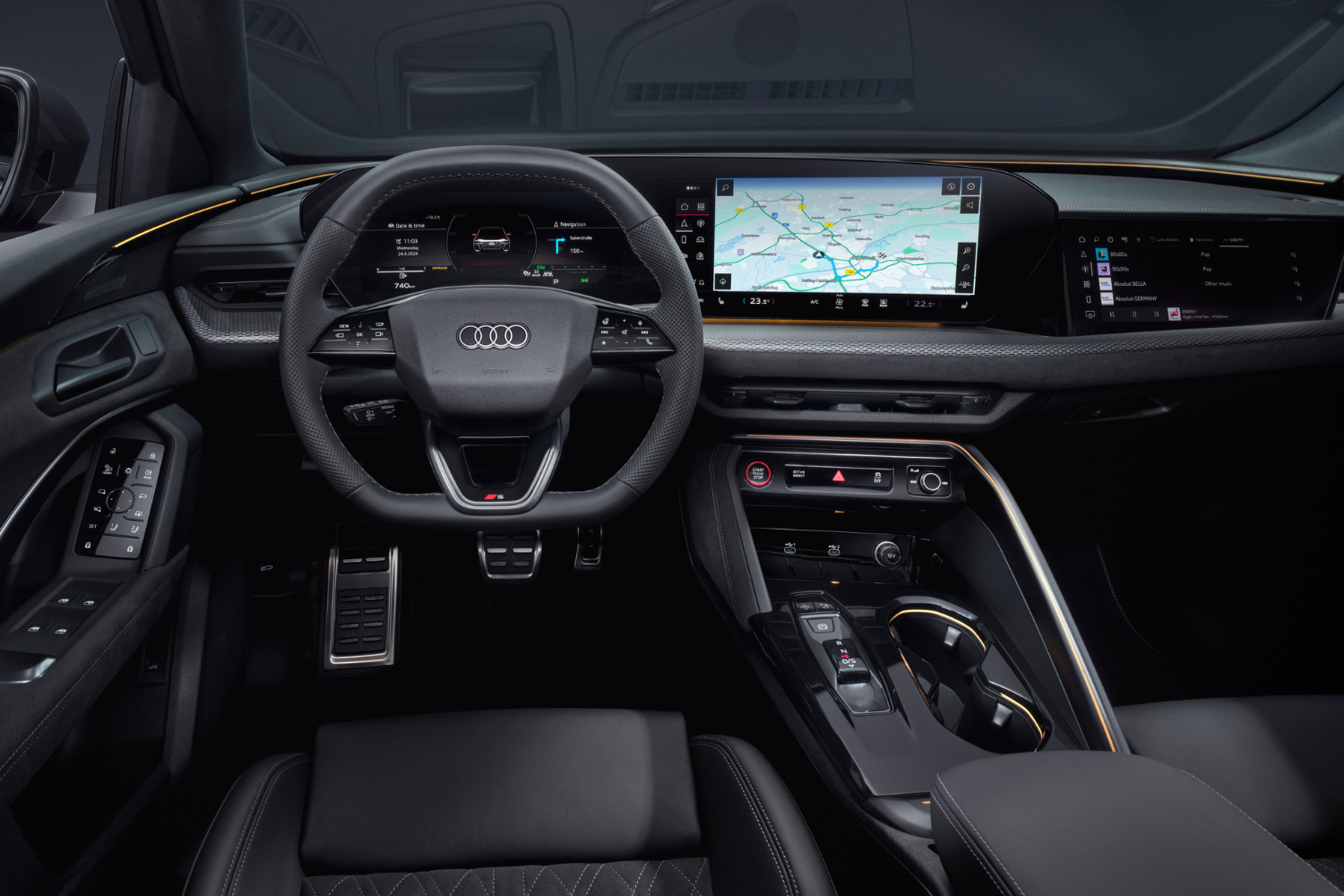 The new 2024 Audi Q5 black leather interior, featuring 14.5" MMI display and the 11.9" Audi Virtual cockpit.