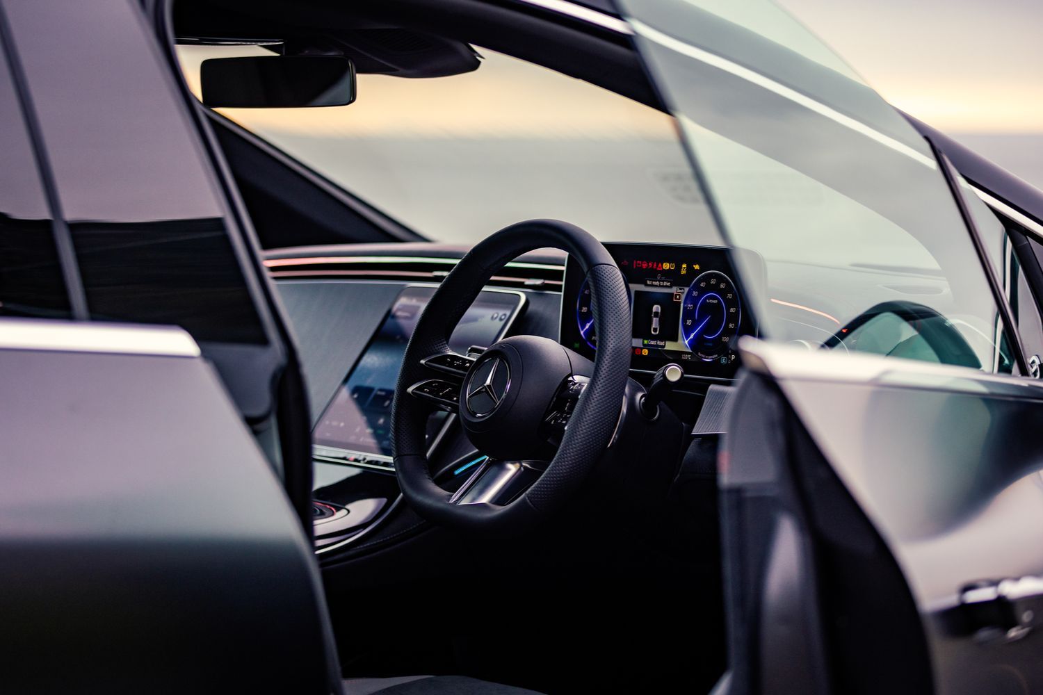 Close-up on the Mercedes-Benz GLC interior taken from outside of the vehicle