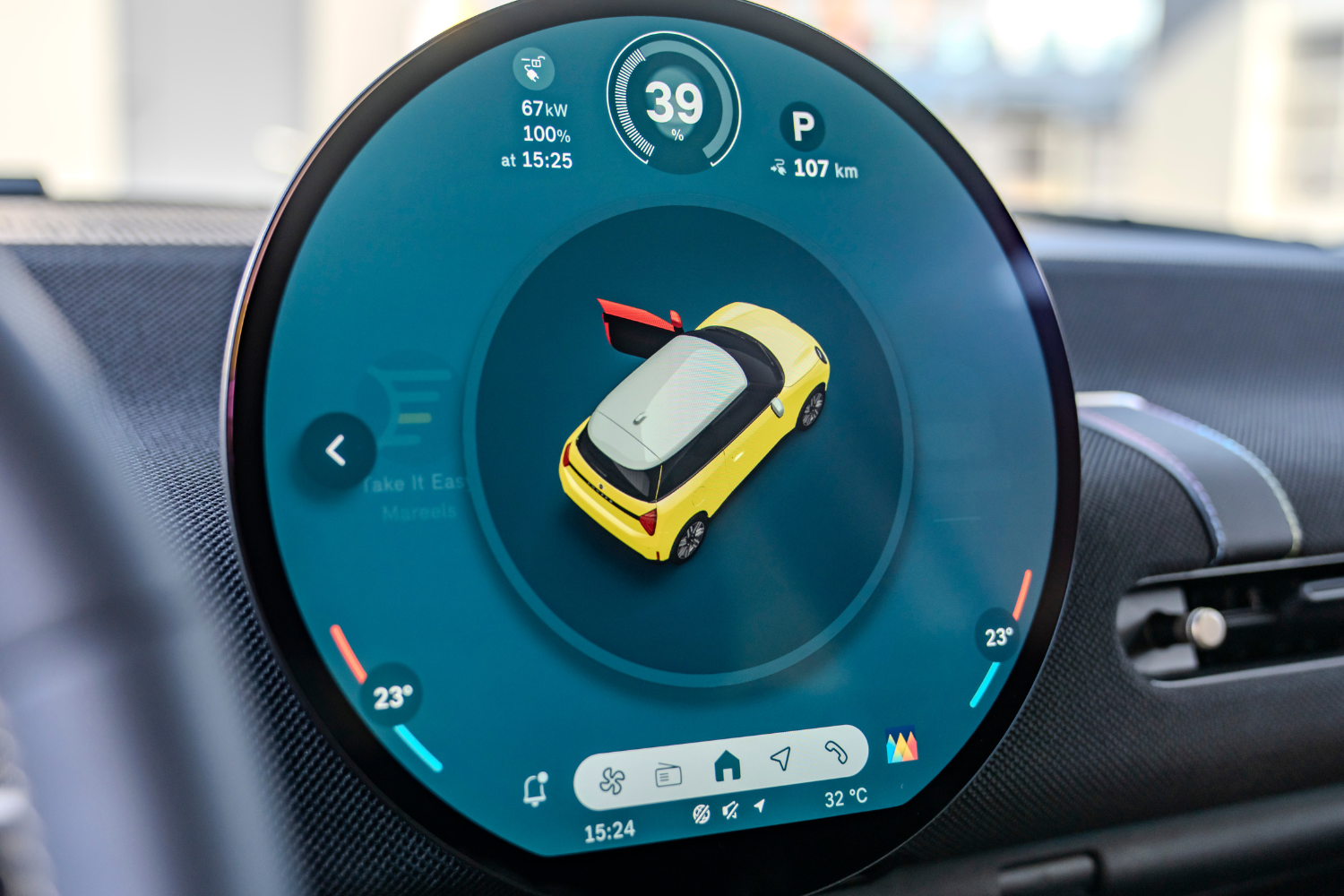 All-Electric Mini Cooper interior OLED touchscreen.