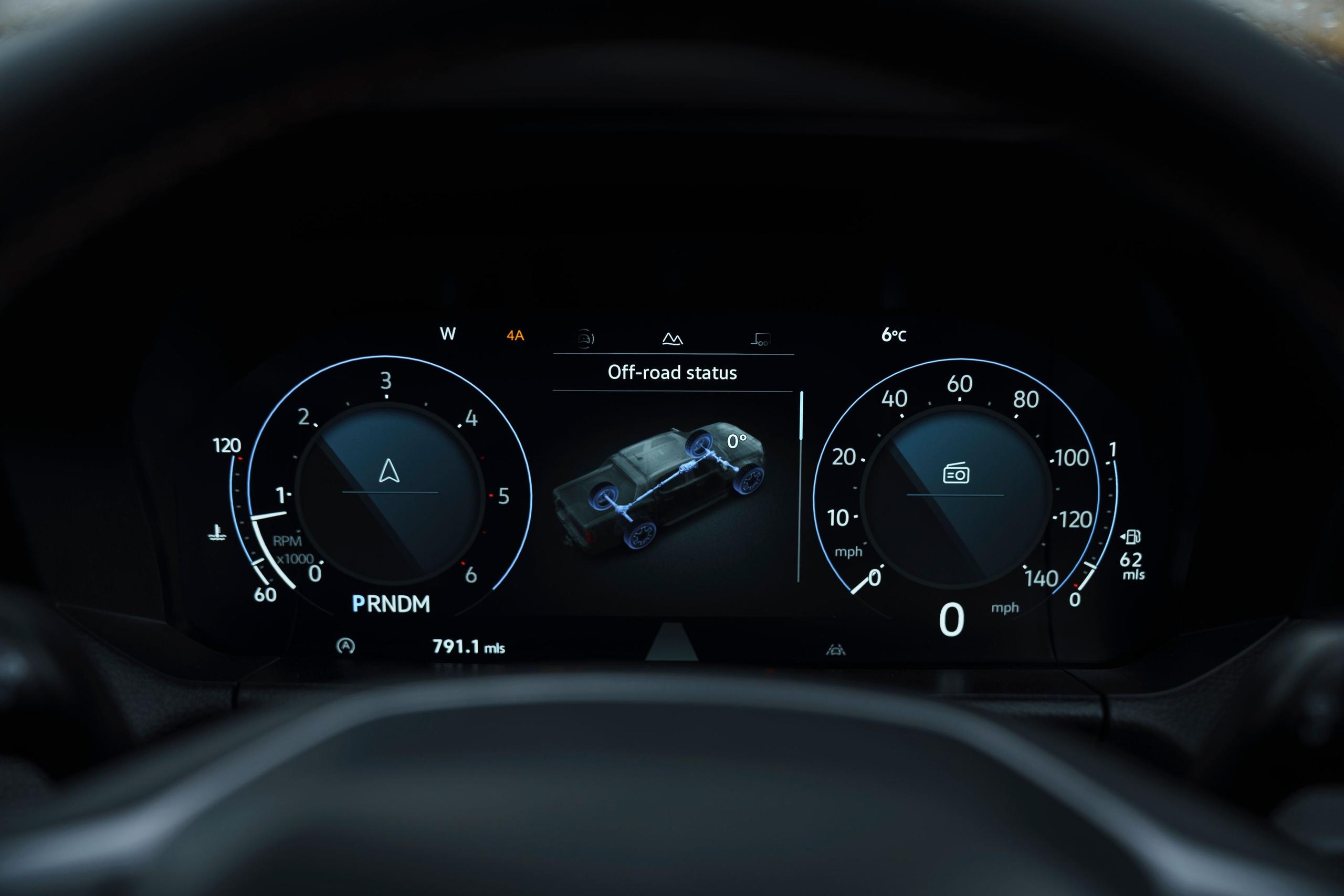 Interior view of the new Volkswagen Amarok, close-up of central console displaying the speedometers