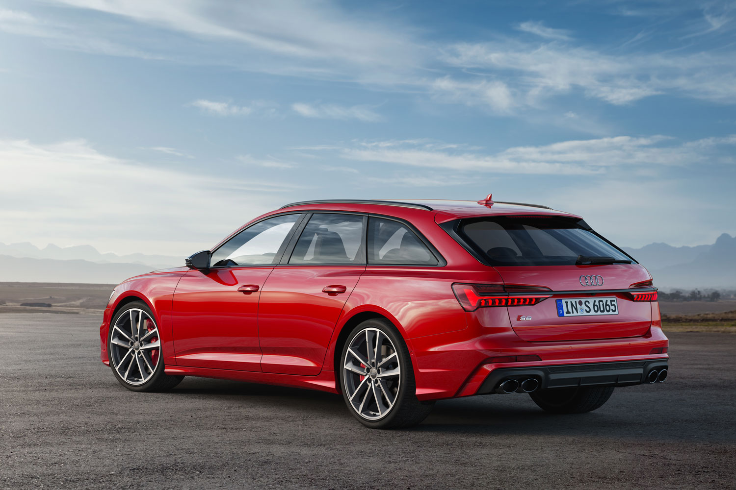 New Audi S6 Avant in red view of vehicle from behind
