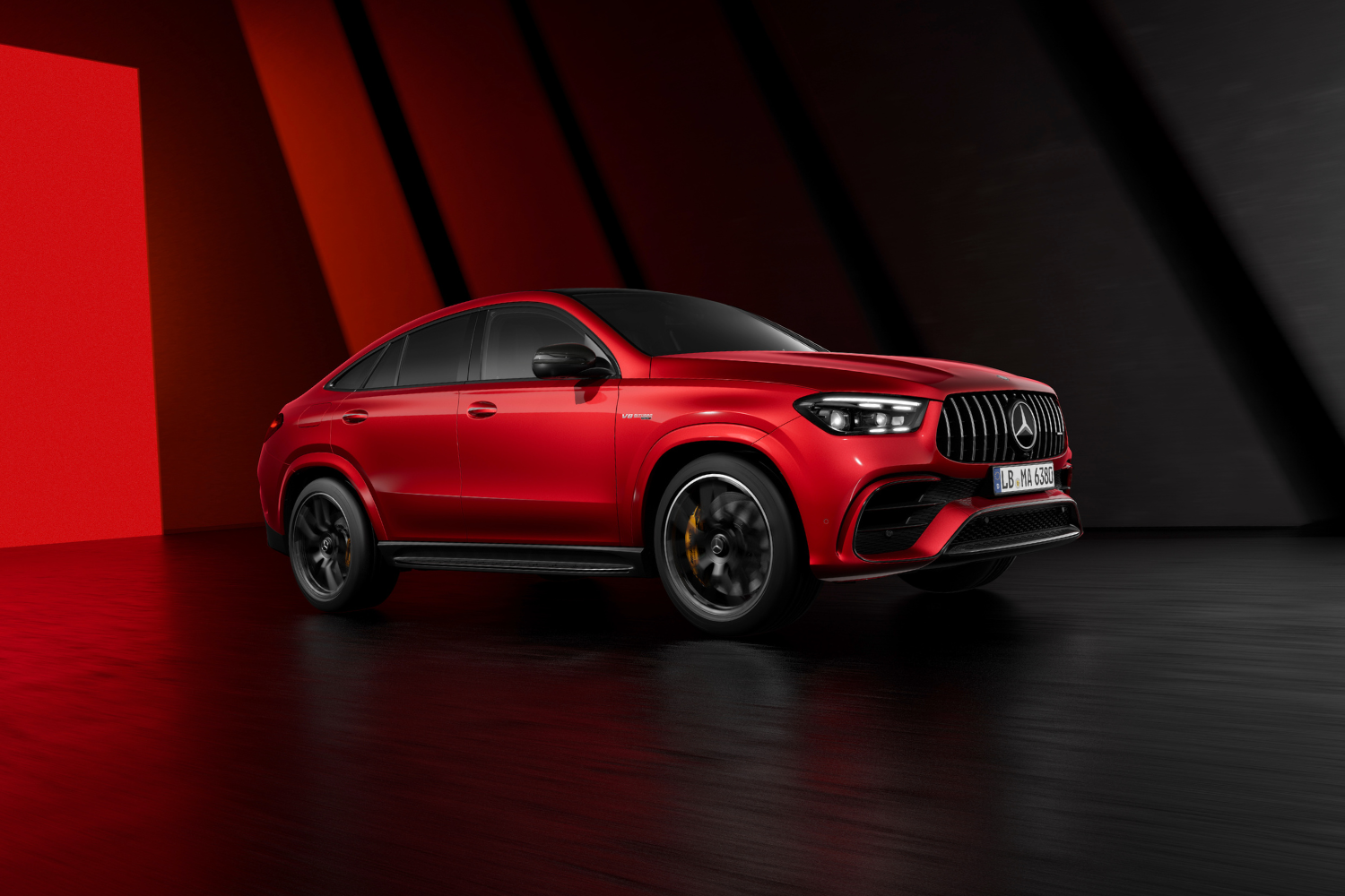 Side view of a red Mercedes-Benz GLE Coupé.
