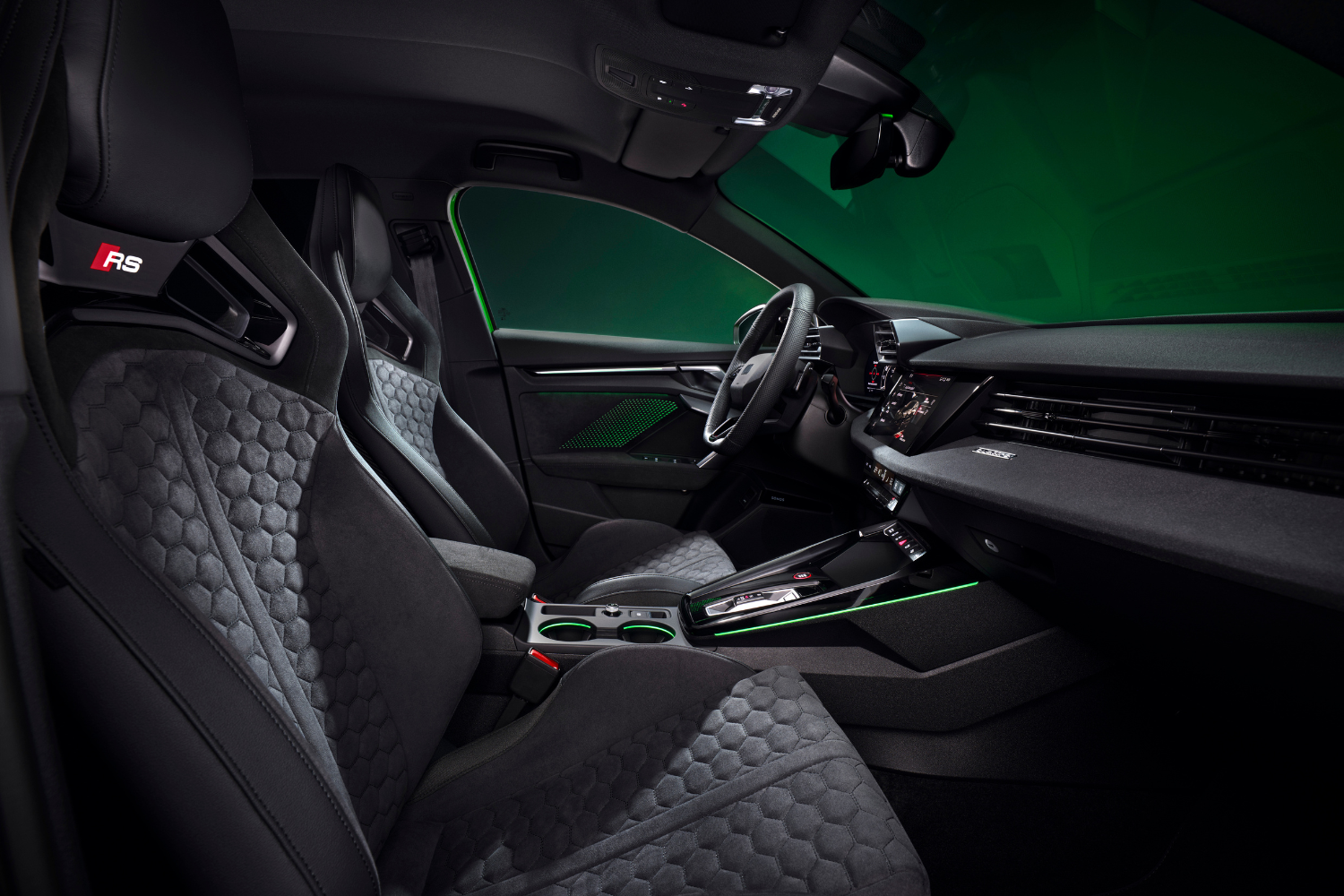 The new Audi RS 3 black interior with green LED lights.
