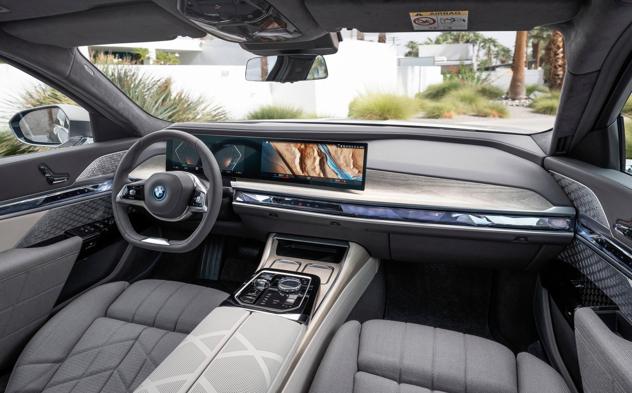 New BMW I7 image of front interior showcasing its new infotainment system