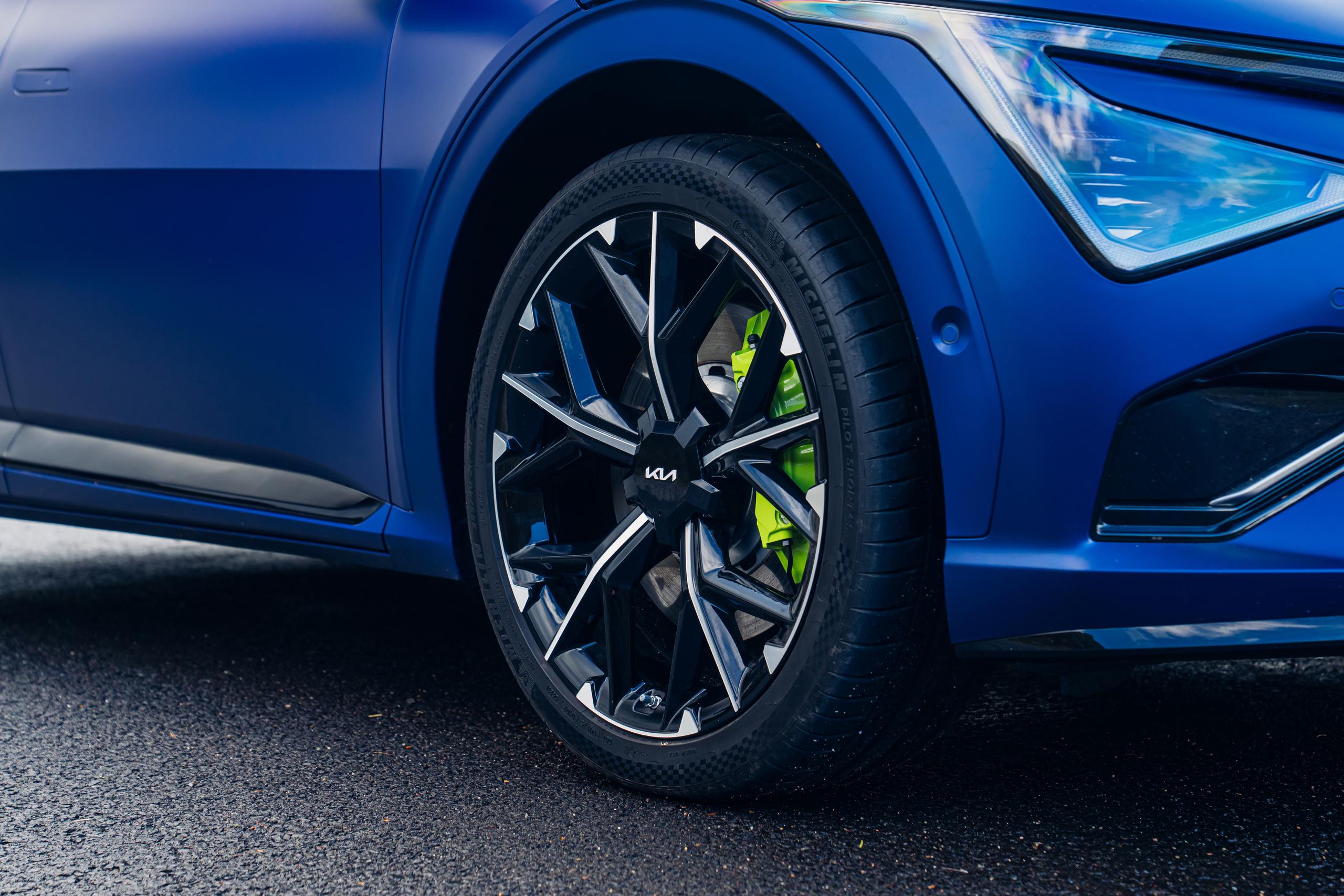 close up wheels of blue Kia EV6 GT