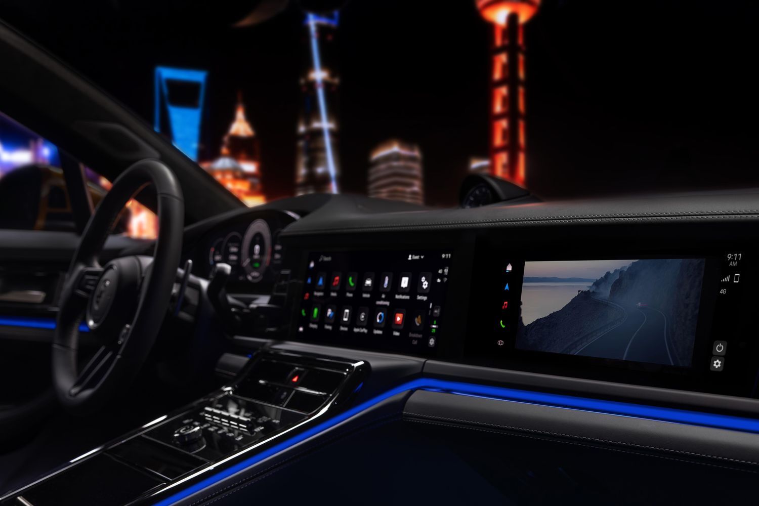 Interior view of the new Porsche Panamera, close-up of the dashboard and infotainment system