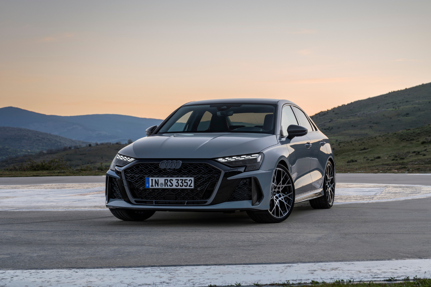 Front view of the newly updated 2024 Audi RS 3 Saloon in Kemora grey.