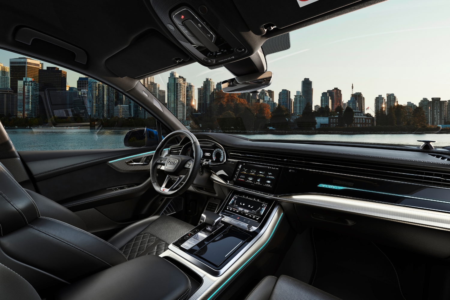 View from passenger side of the black leather interior of the Audi SQ7.