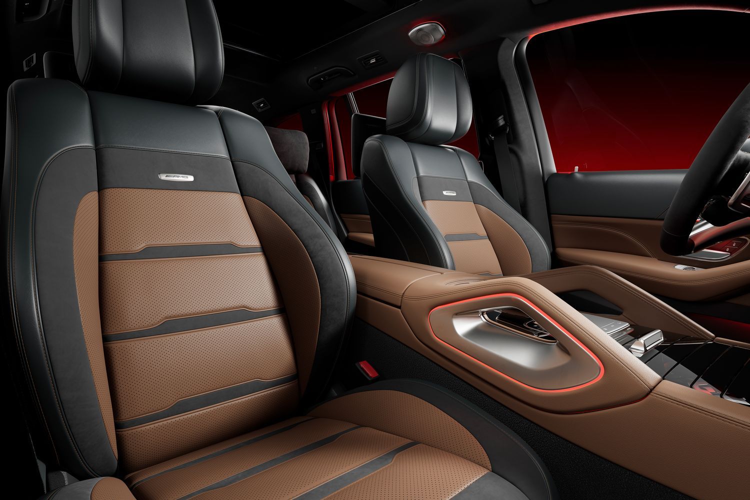 Mercedes-Benz GLS's tan and black interior and centre console with open-pore wood trim elements.
