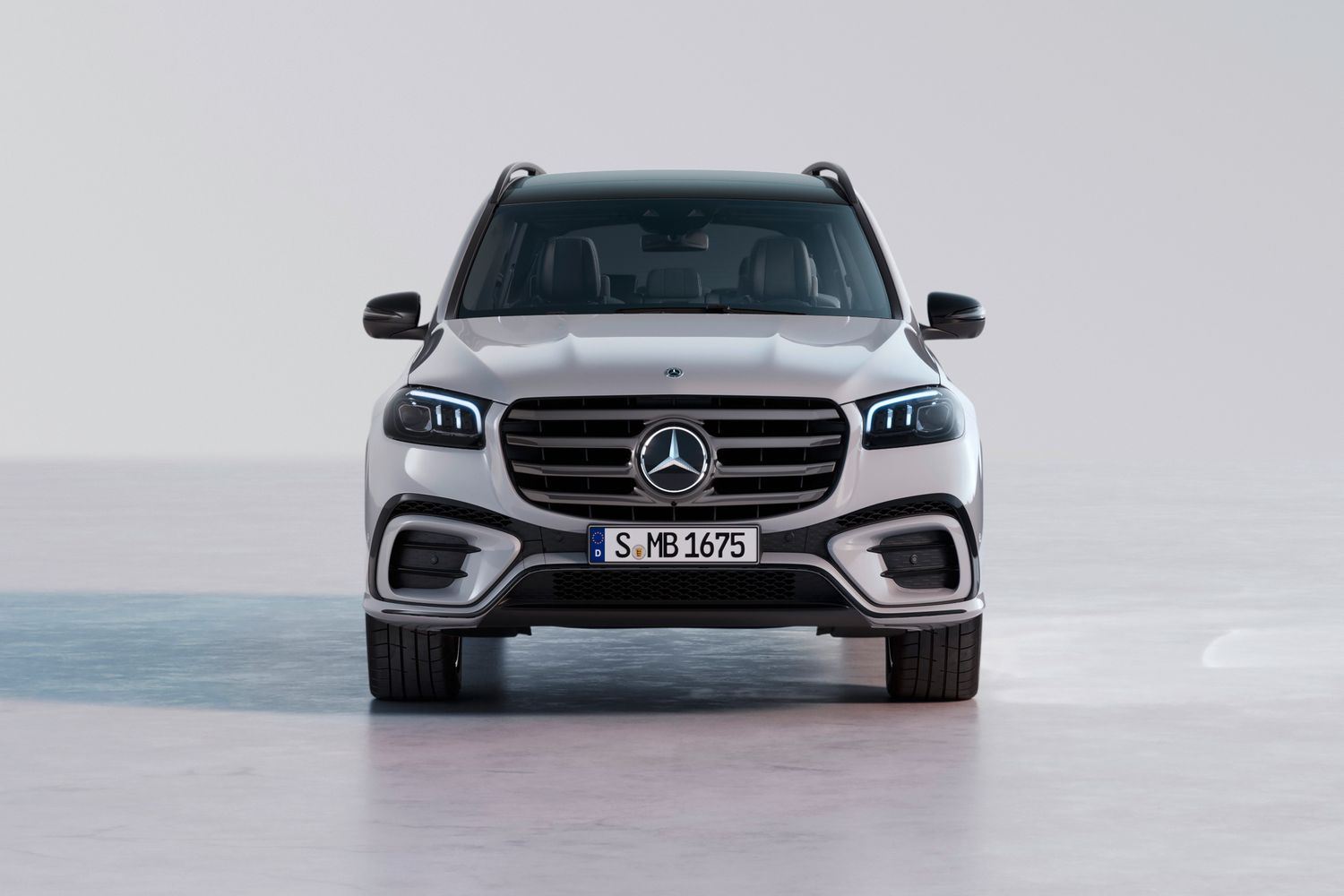 The front of a white Mercedes-Benz GLS.