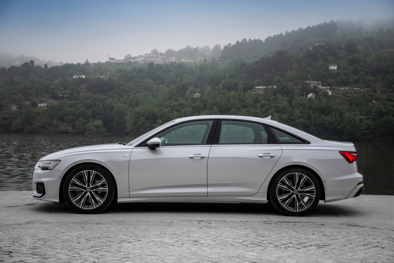 New Audi A6 Saloon in white side view of vehicle