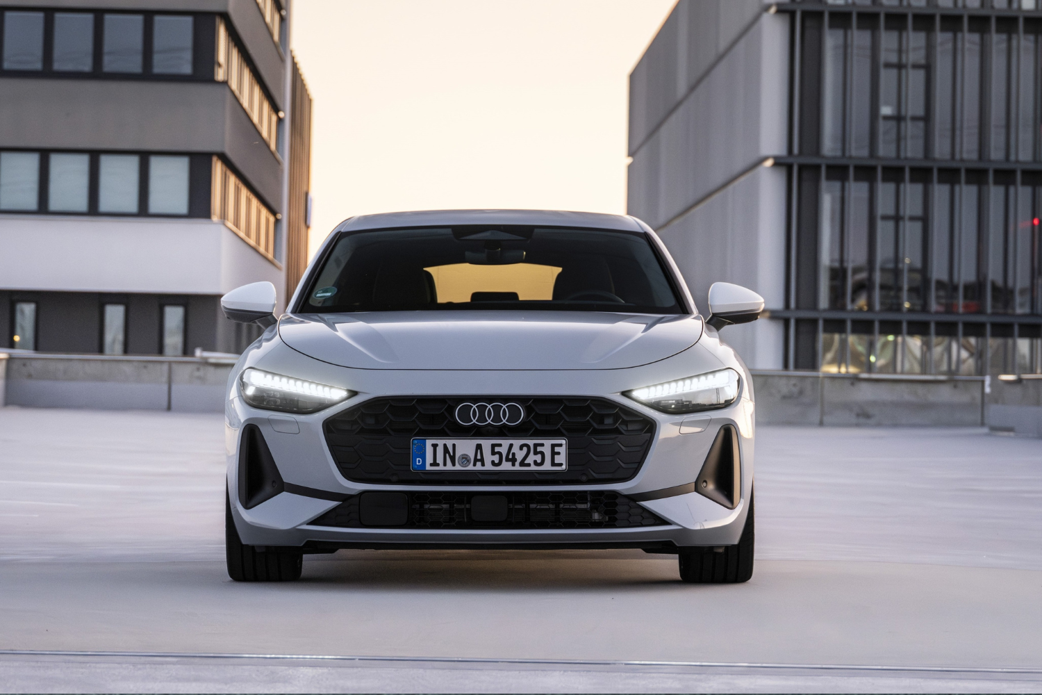 Front view of the 2025 Audi A5 Saloon e-hybrid in Glacier White.