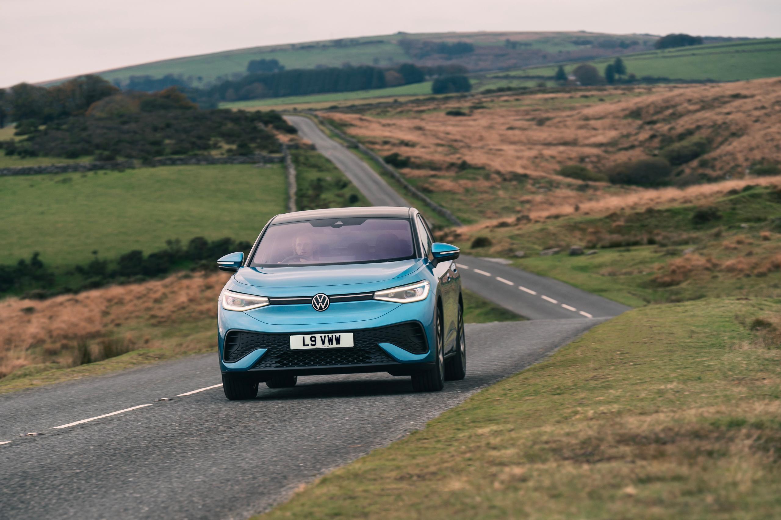 Electric and Hybrid Volkswagen ID.5 driving on country road in Northern Ireland