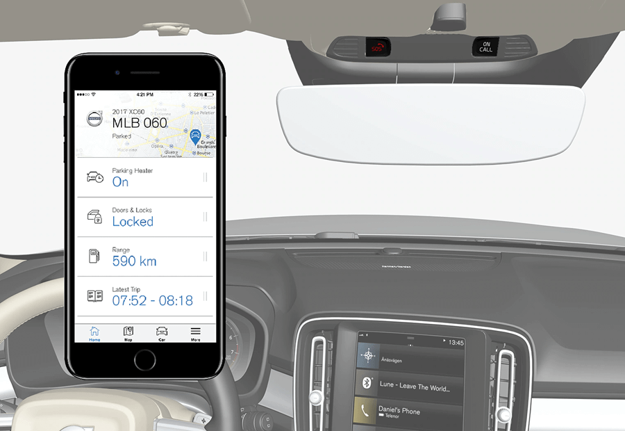 Volvo on call mobile app, dashboard of Volvo XC90 in background