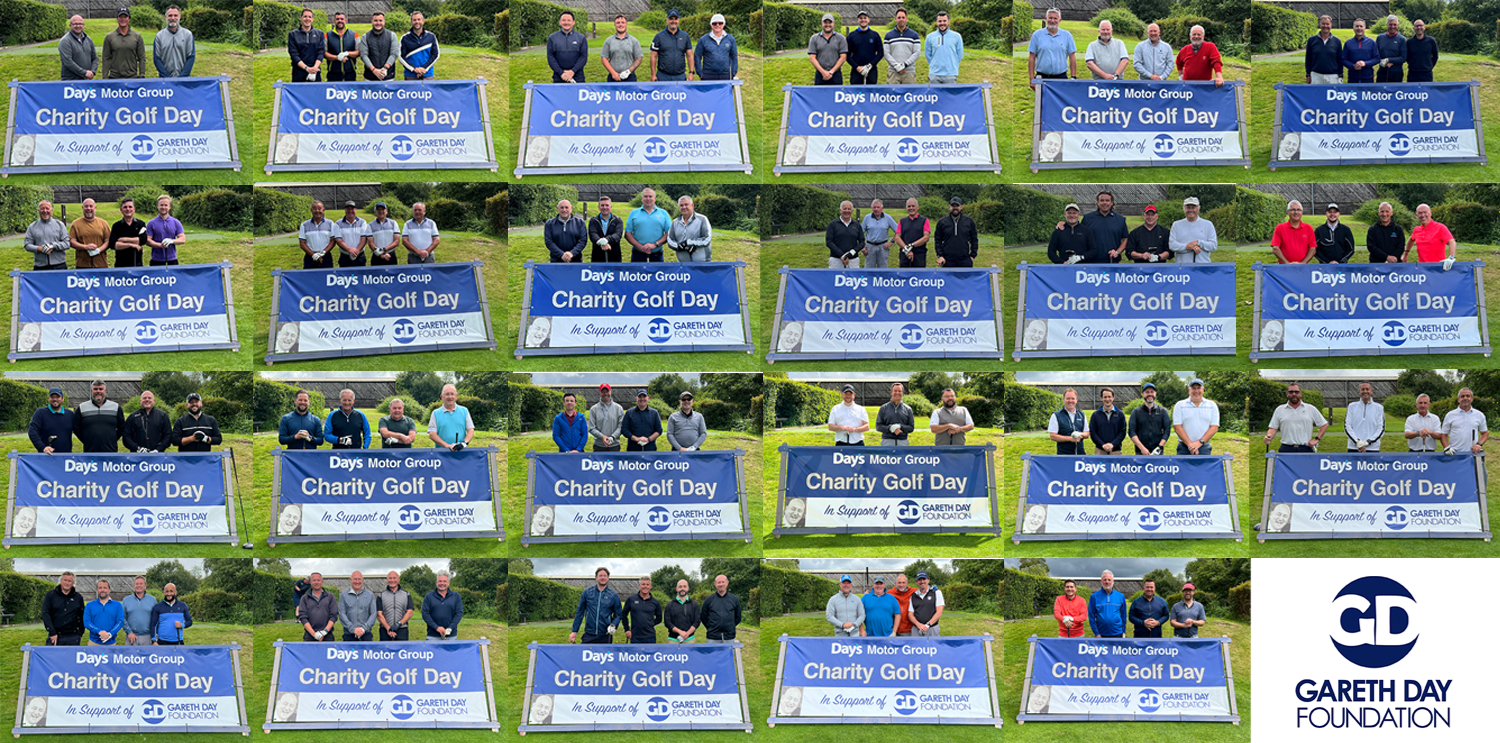 Collage of images with people stood behind Days Charity Golf Day banner