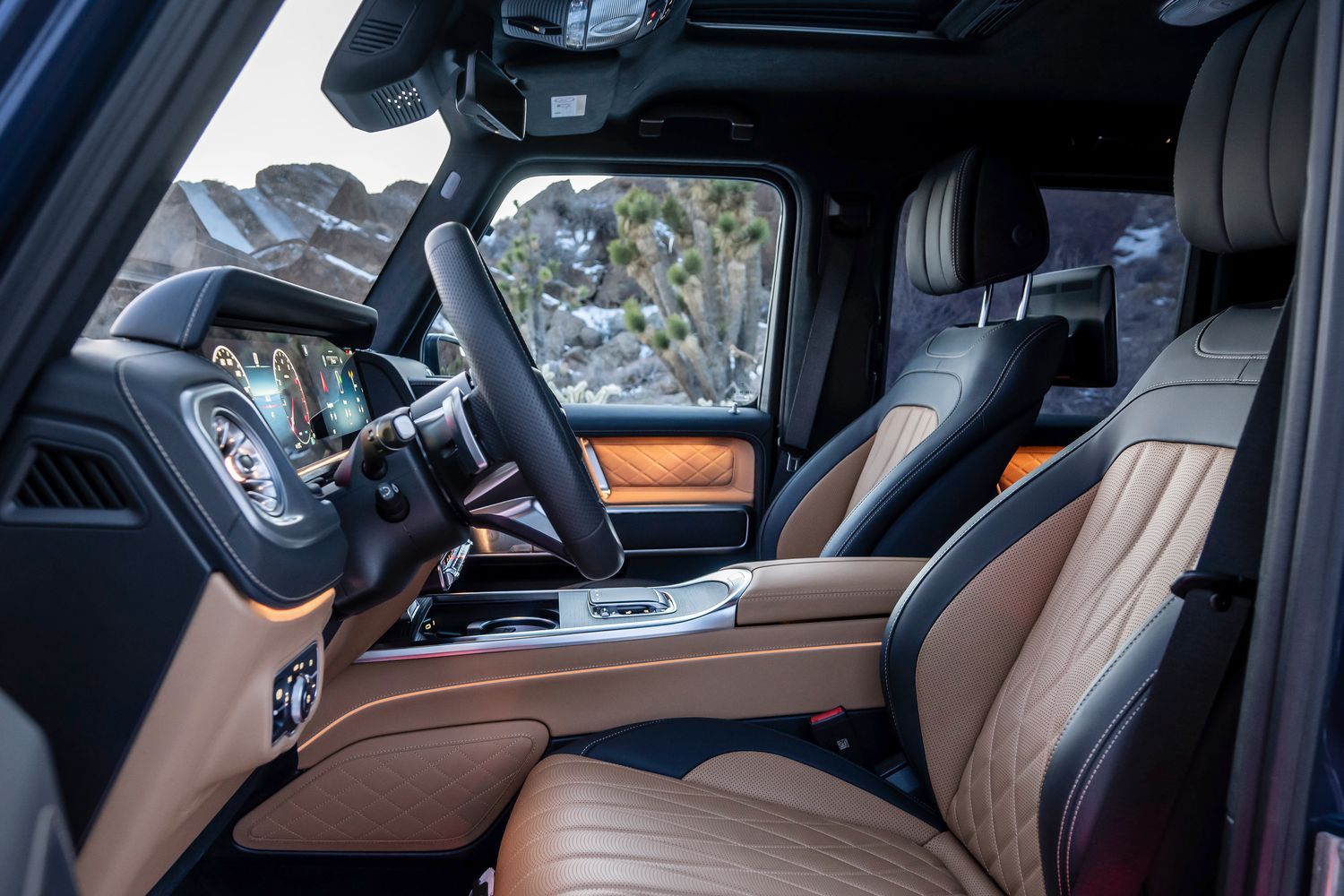 The new Mercedes-Benz G-Class with tan and black interior.