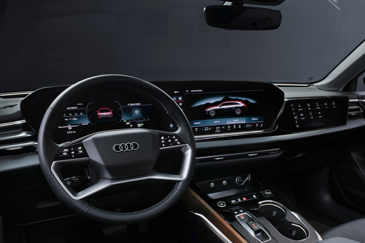 Audi A5 Avant's black interior with two driver displays.