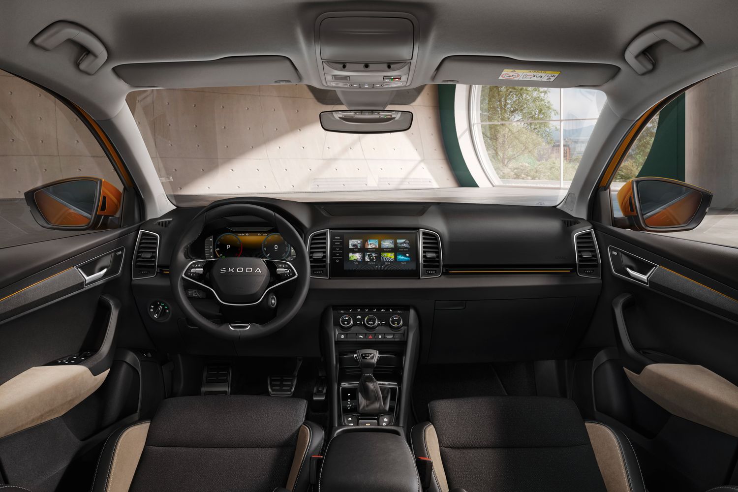 Interior view of the Skoda Karoq, featuring the latest touchscreen media console.