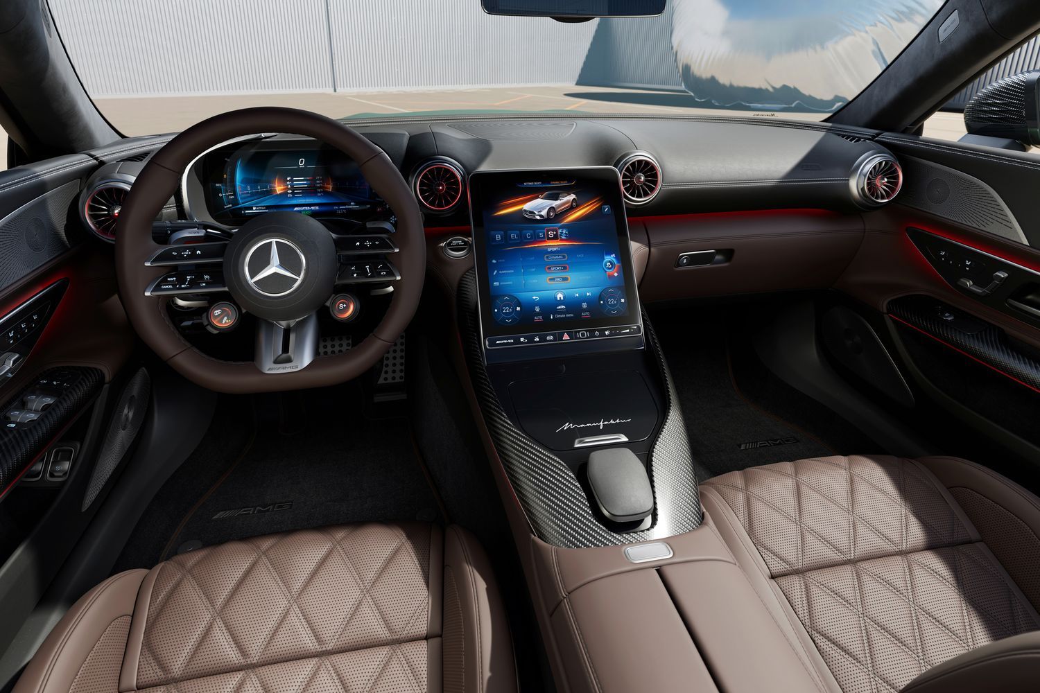Mercedes-Benz SL brown interior seats with a maroon steering wheel, two driver displays and red interior lights.
