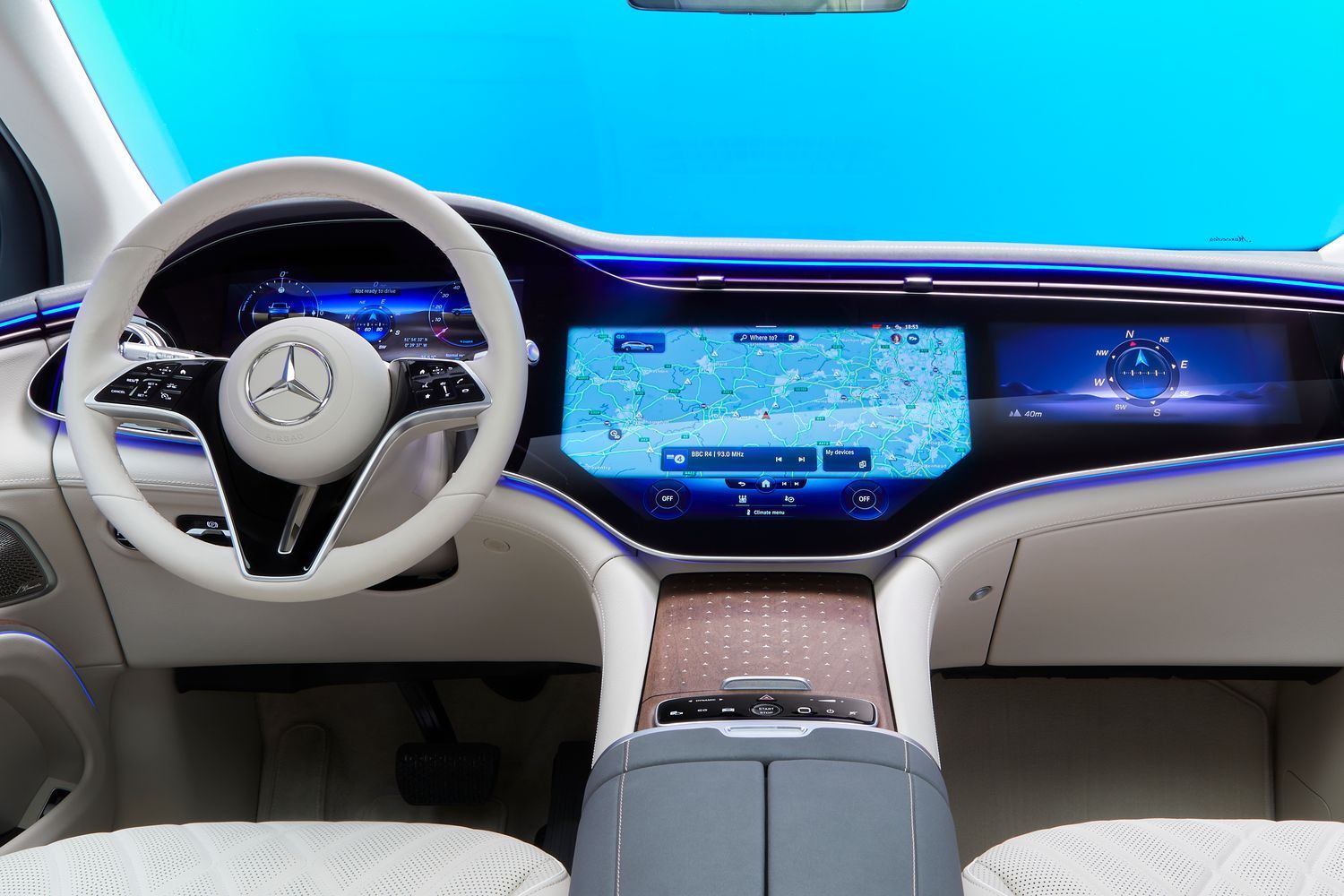 EQS SUV three interior high-tech displays and steering wheel.