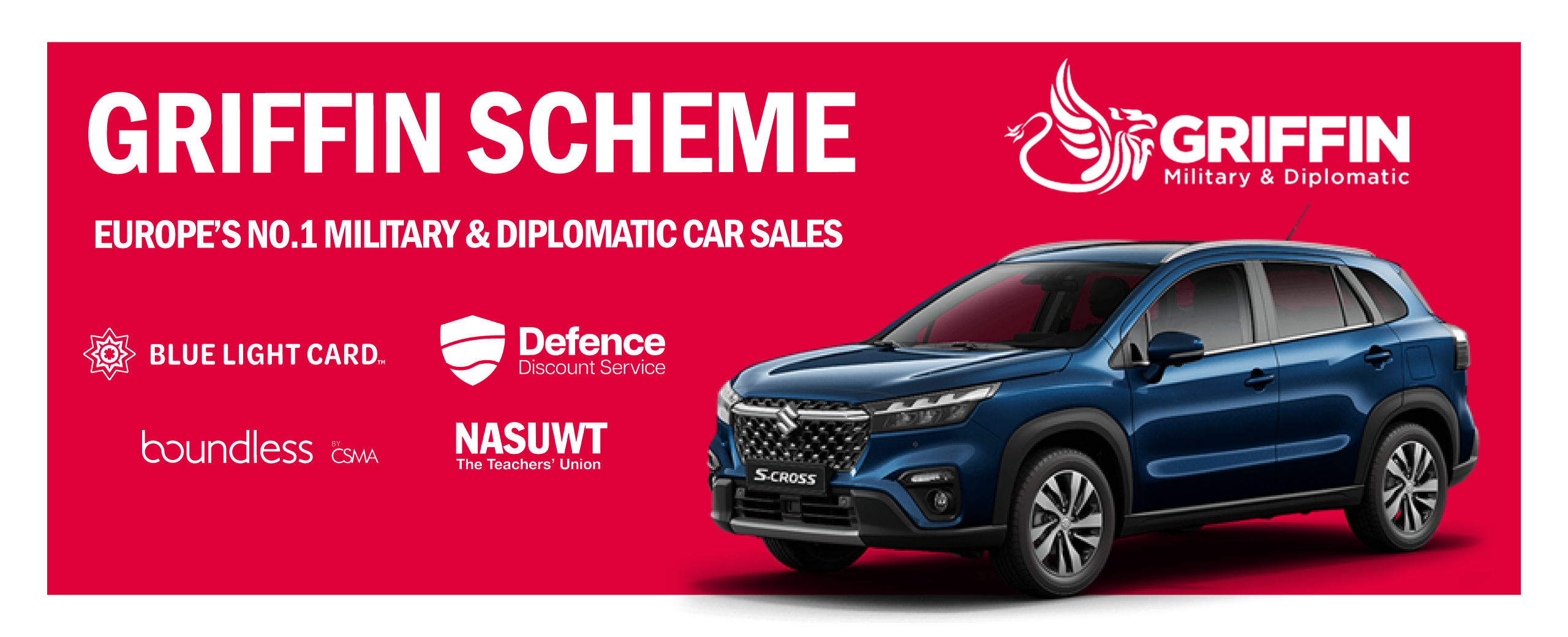 Here at Richmond Suzuki, we're pleased to announce that we have partnered with Griffin Military & Diplomatic to provide you with some fantastic offers across the entire Suzuki range