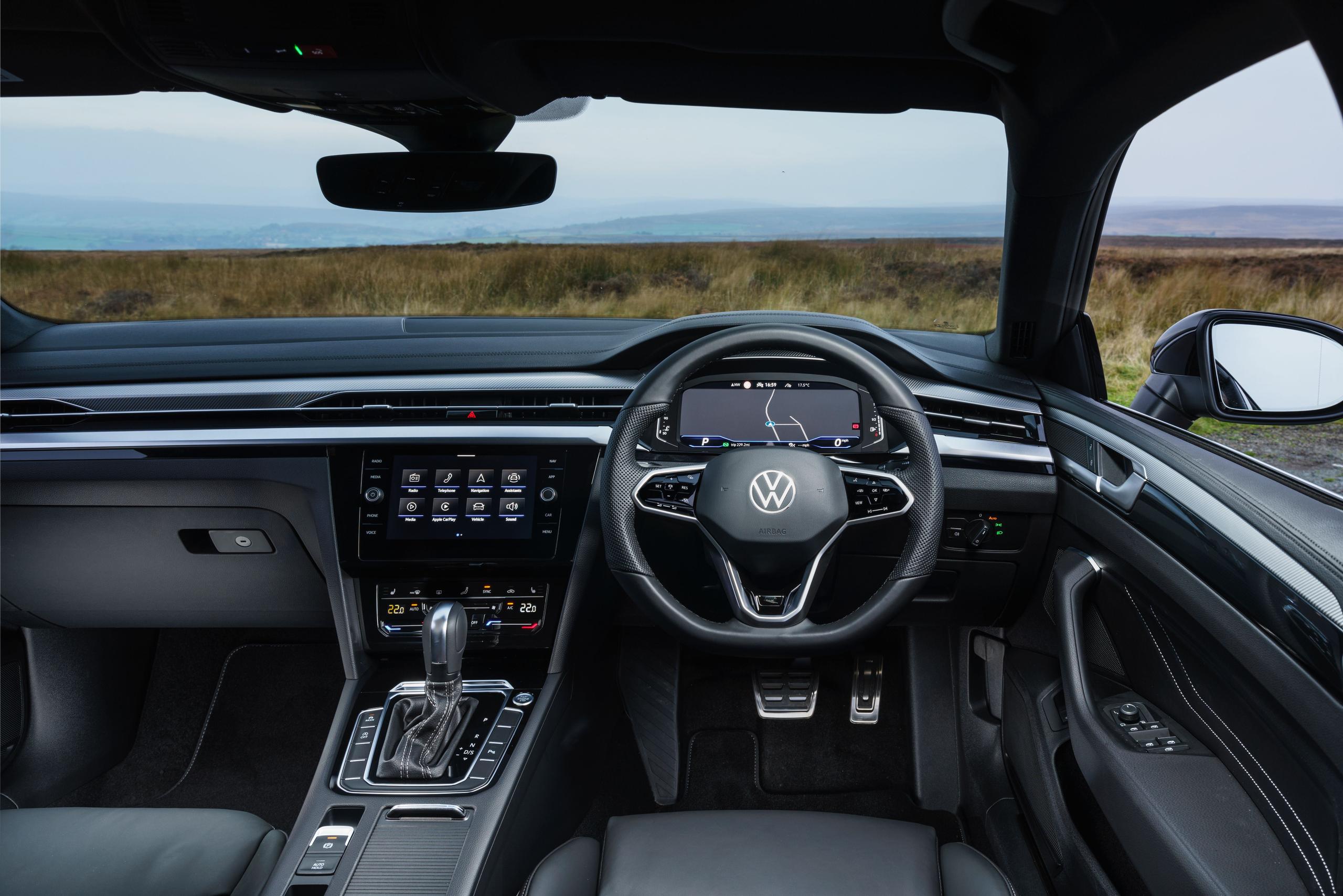 Interior view of the new Volkswagen Arteon, close-up of steering wheel and dashboard from driver side