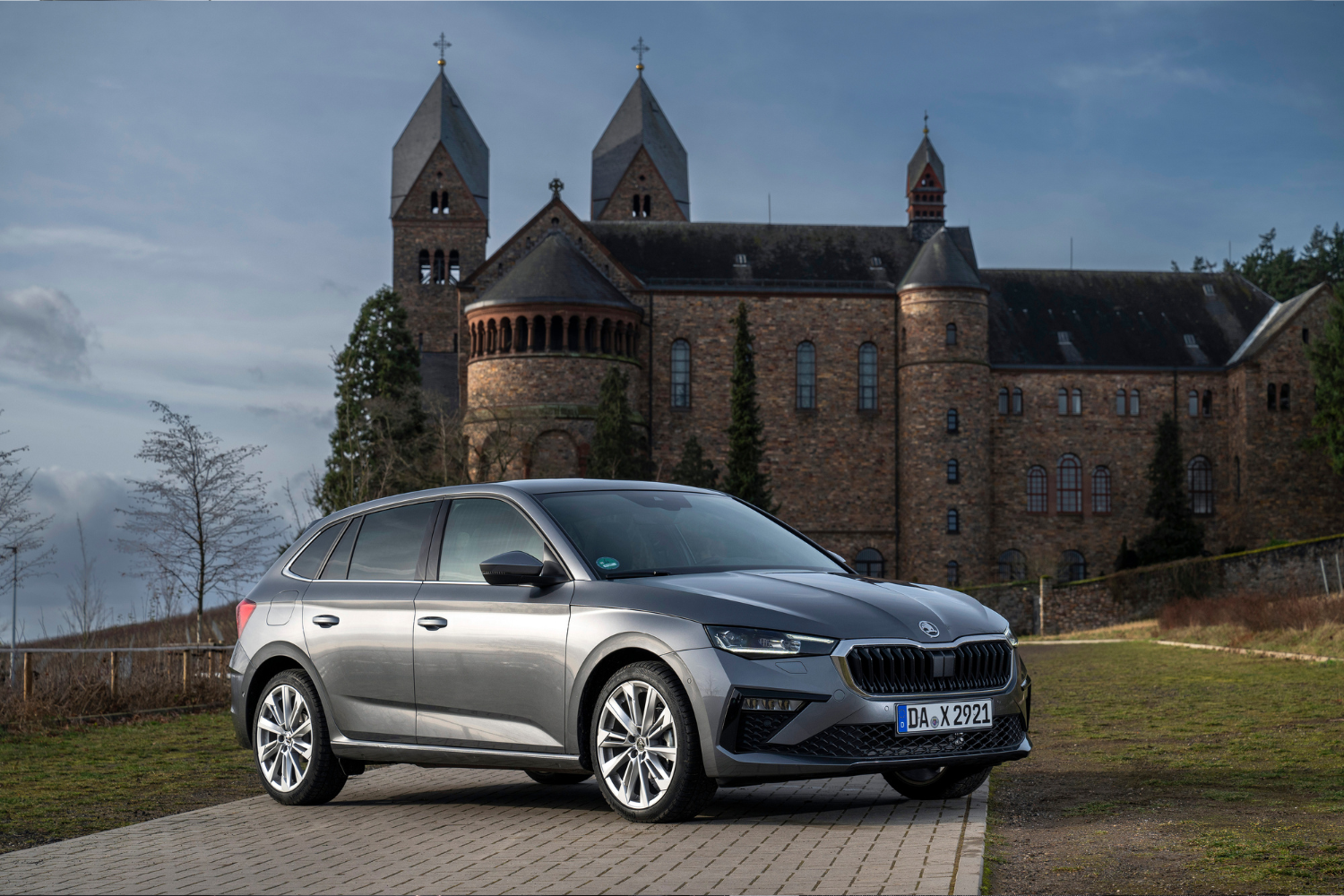 New Skoda Scala, available at Agnew Skoda Belfast and Agnew Skoda Mallusk, parked outside of Belfast Castle in Northern Ireland