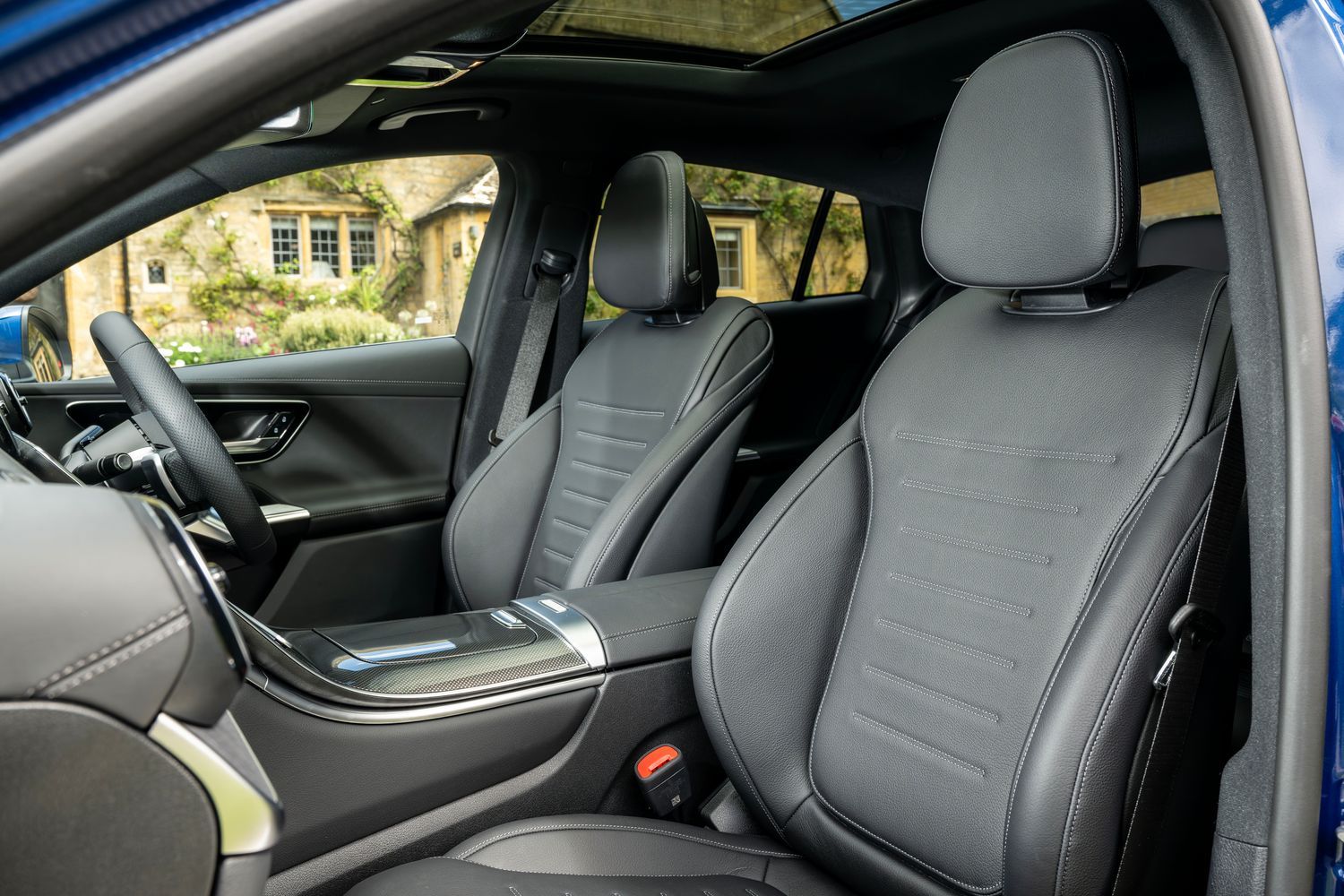 Black interior seats of a Blue Mercedes-Benz GLC Coupé.