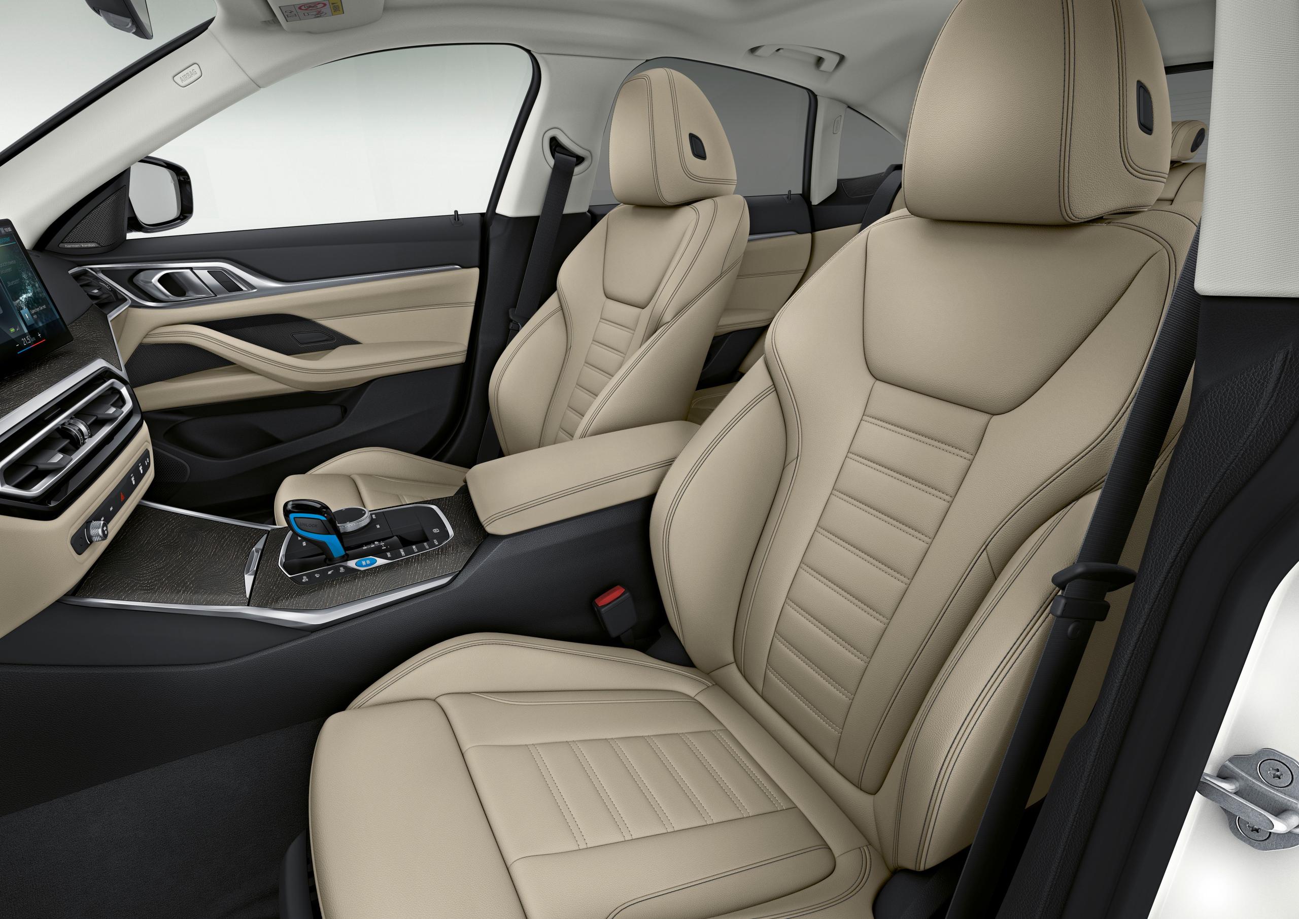 New BMW I4 front interior view of cream leather seats