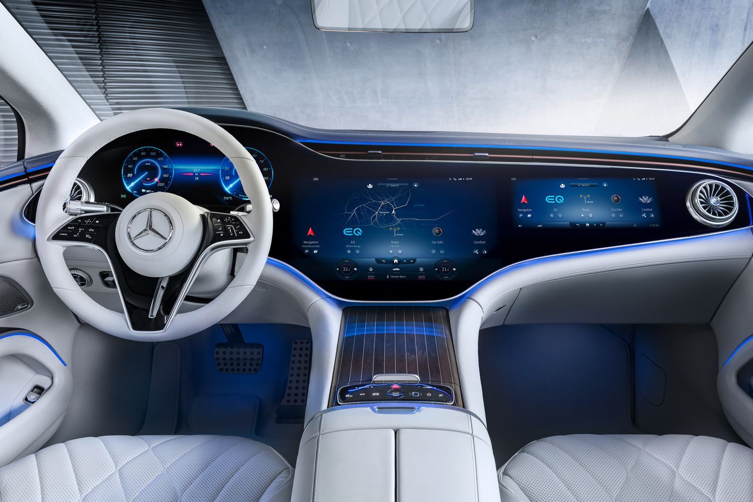 EQS Saloon's interior digital displays and white steering wheel.