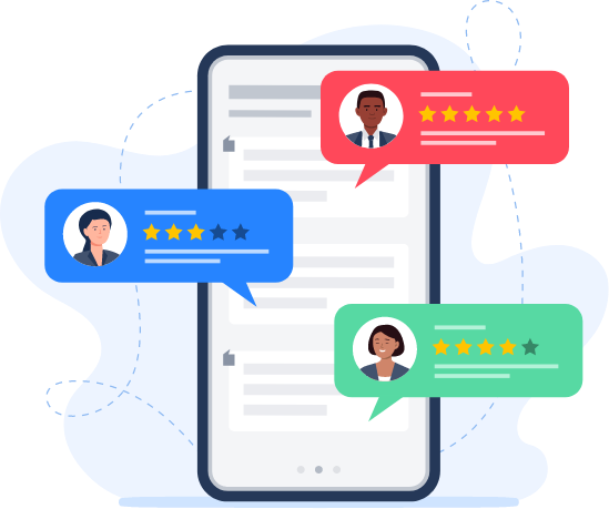 mobile phone with chat app open and speech bubbles coming out, each with a review