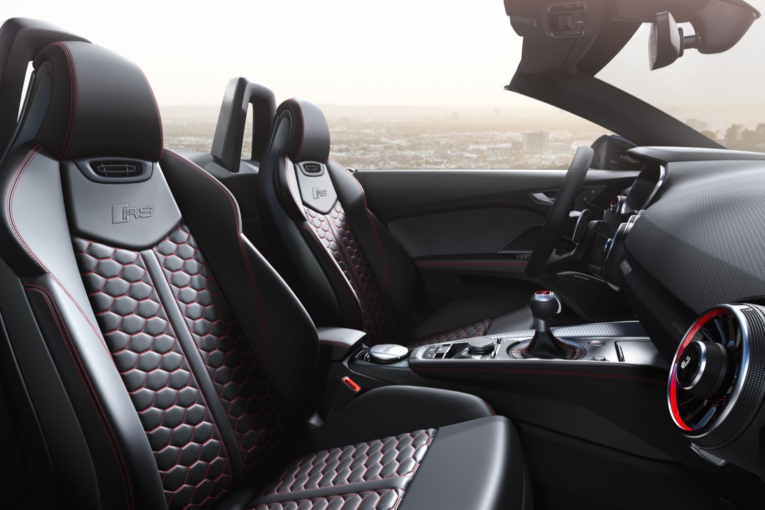 New Audi TT RS Roadster view of front interior leather seats